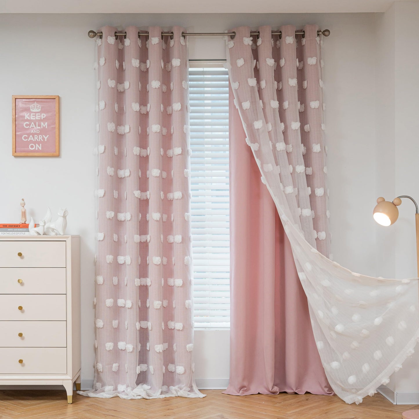 MYSKY HOME Light Blocking Pink Curtains White Sheer Pom Pom Kids Room Decor Drapes for Living Room 95 Inches Long Double Layer Curtains for Sliding Door Grommet Window Panels Set of 2, 52" x 95"