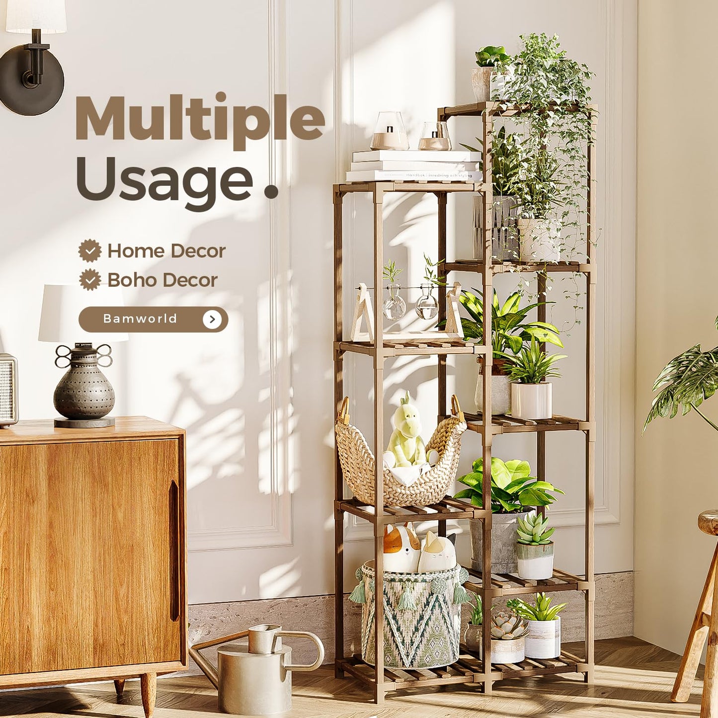 Bamworld Plant Stand Indoor Tall Plant Shelf Outdoor Corner Plants Table Wood Flower Stand for Living Room Balcony and Garden (9 pots)