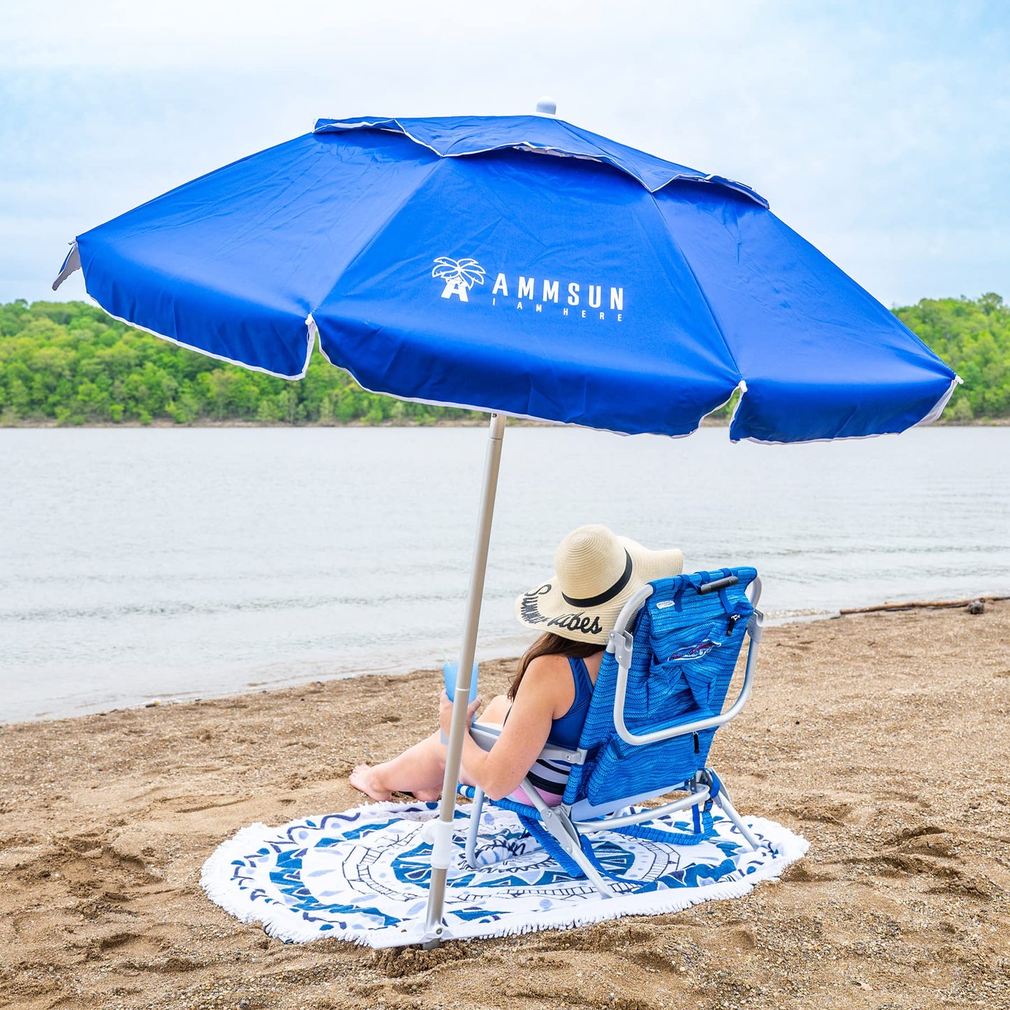 AMMSUN 6ft Folded Portable Travel Beach Umbrella with Sand Anchor, Tilt and Air vent UPF 50+UV Protection fit in suitcase Portable Compact Foldable beach umbrella for Patio Garden Beach Pool Blue