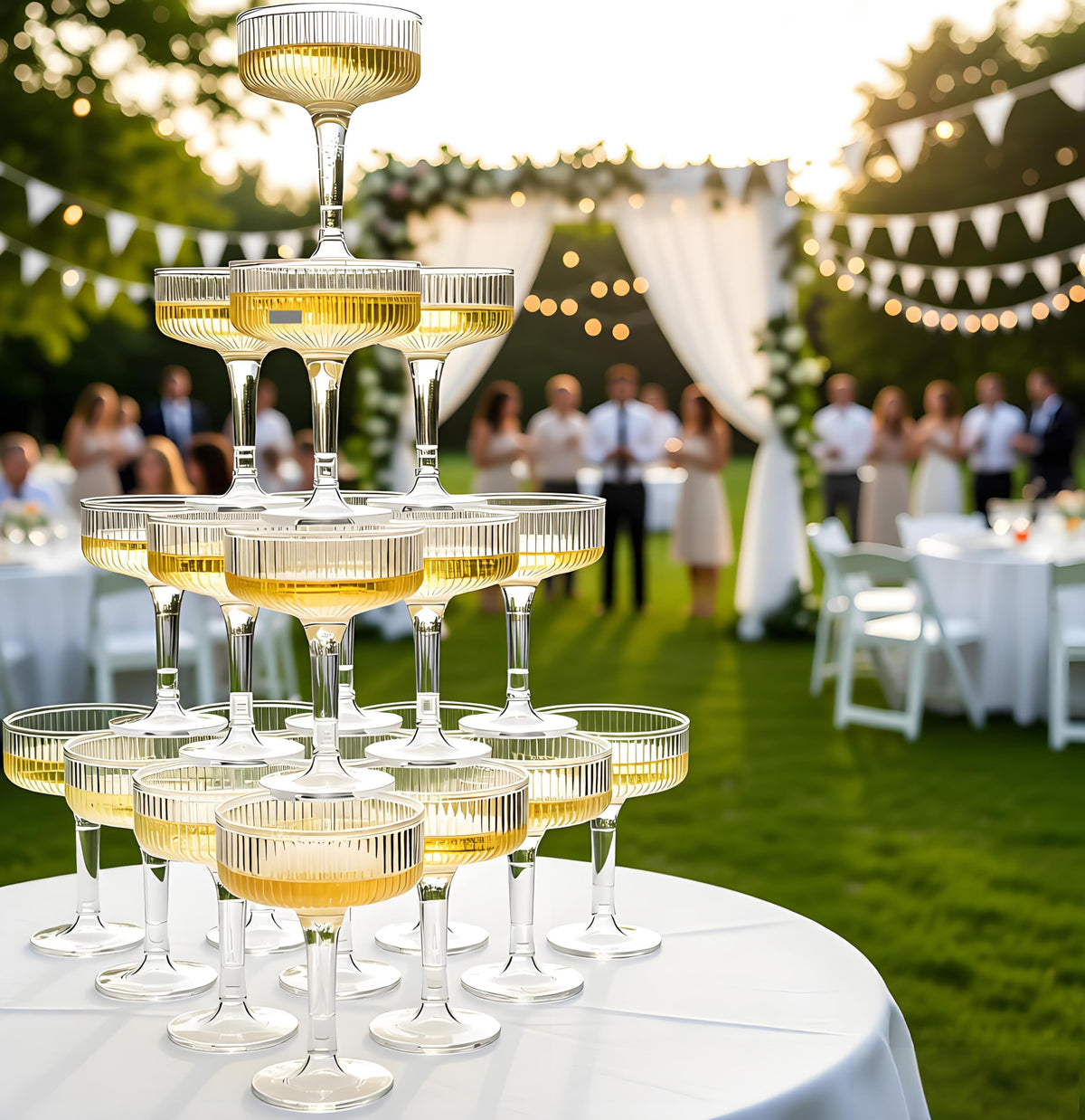 SOBECHOI 4-Tier Champagne Tower with 20 PCS 7oz Gold Glitter Plastic Flutes, Butterfly Shape Vertical Stripes Design - Shatterproof Reusable Toast Glasses for Weddings, Celebrations