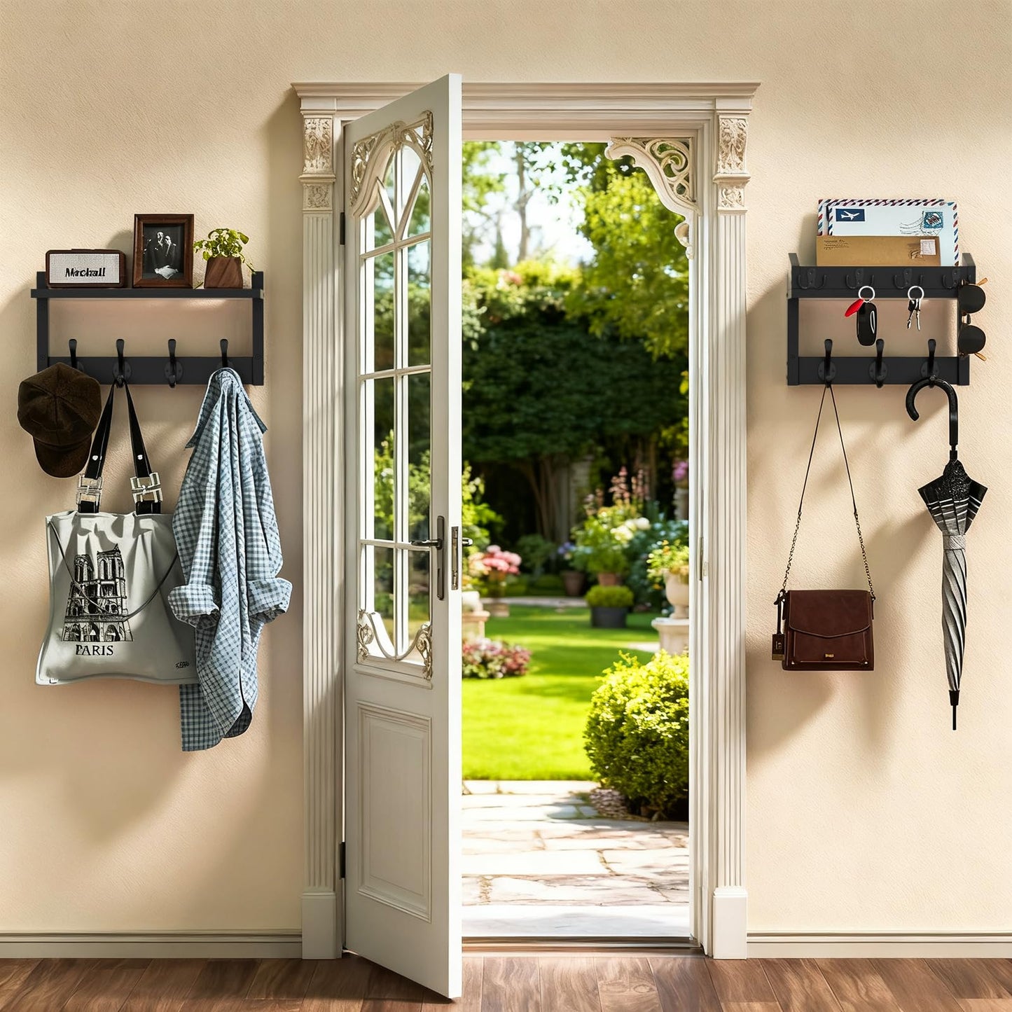 29'' Coat Rack Wall Mount with Shelf and Key Hooks, Solid Wood Key Holder Wall Mount, Farmhouse Wall Organizer for Mail, Entryway Wall Hangers for Hats, Clothes, Backpacks, Mudroom (Black)