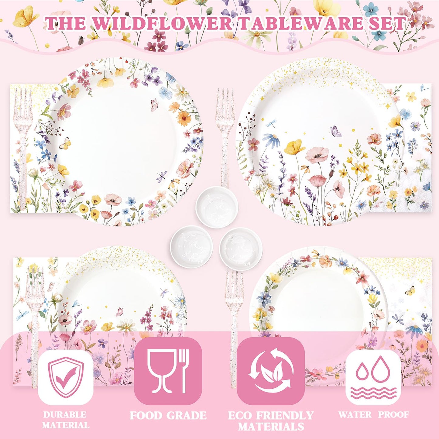 202PCS Wildflower Party Decorations Set for 24 Guests – Floral Plates, Cups, Napkins, Banner, Balloons, Tablecloth & Cutlery | Garden Baby Shower, Spring Birthday Party Supplies