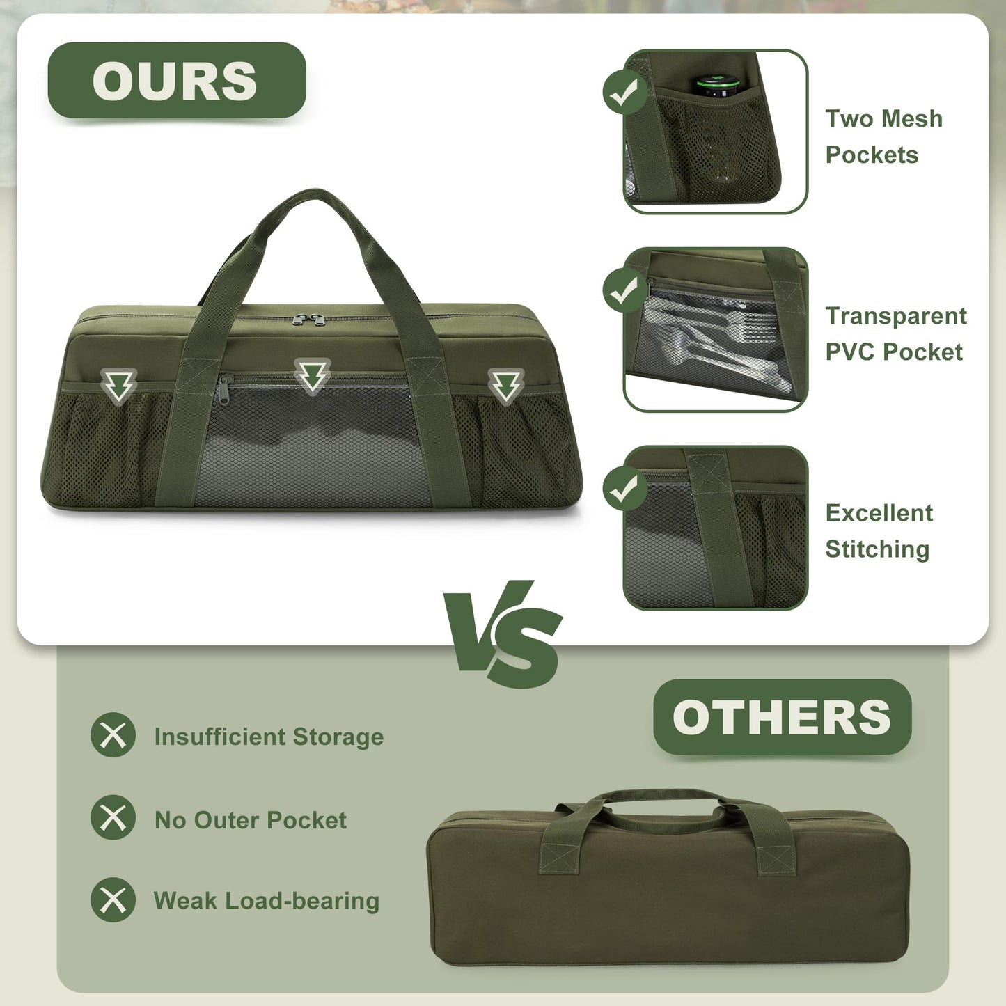 HODRANT Grill Tool Storage Bag, Outdoor BBQ Utensil Holder for Barbecue Tool up to 20", Large Grill Utensil Storage Caddy with Pockets, BBQ Accessories Case Container for Camping, Bag Only (Green)
