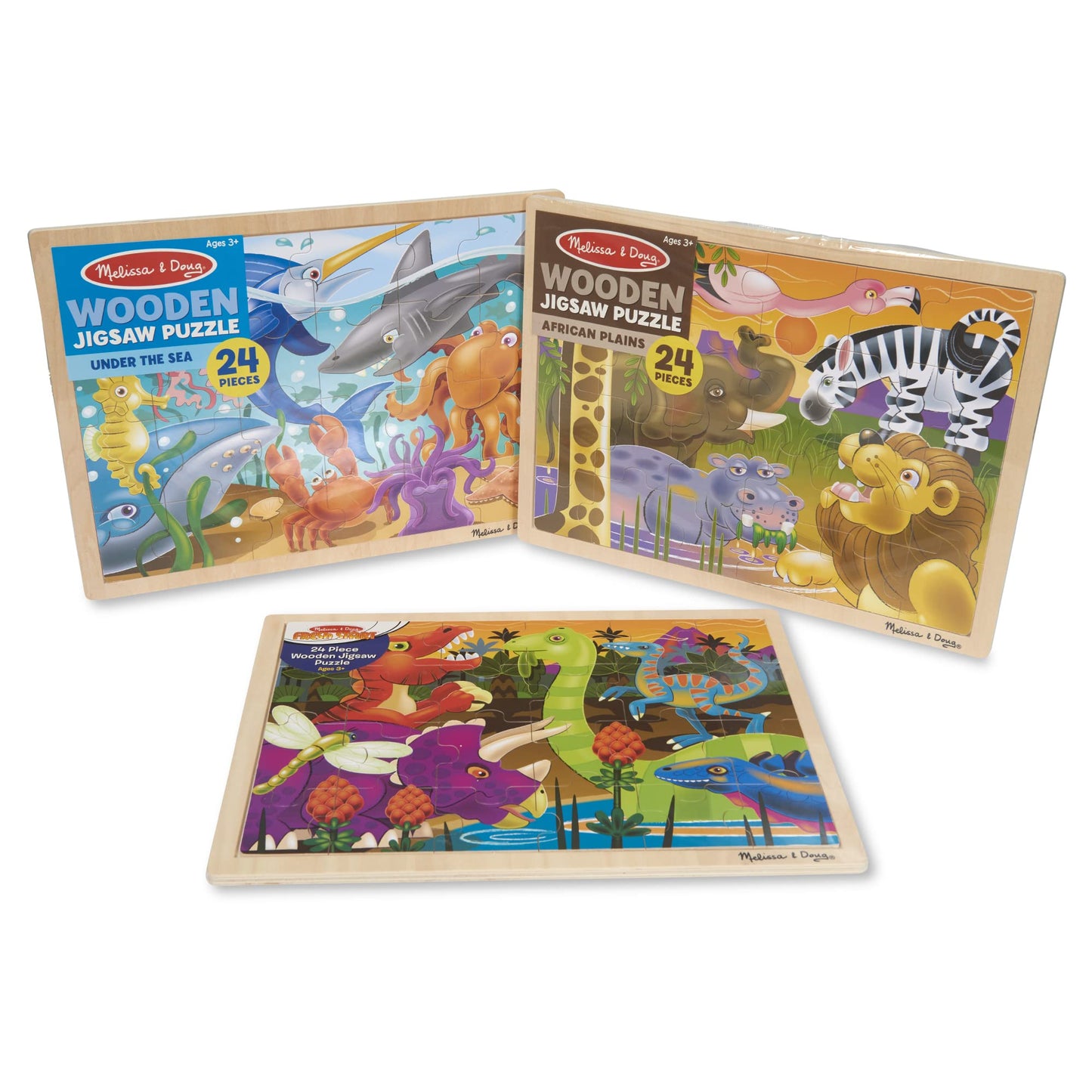 Melissa & Doug 3-Puzzle Jigsaw Set - Dinosaurs, Ocean, and SafariToddler Jigsaw Puzzles; Sea Creatures, Dinosaur, Animal Wood Puzzles for Kids Ages 3+