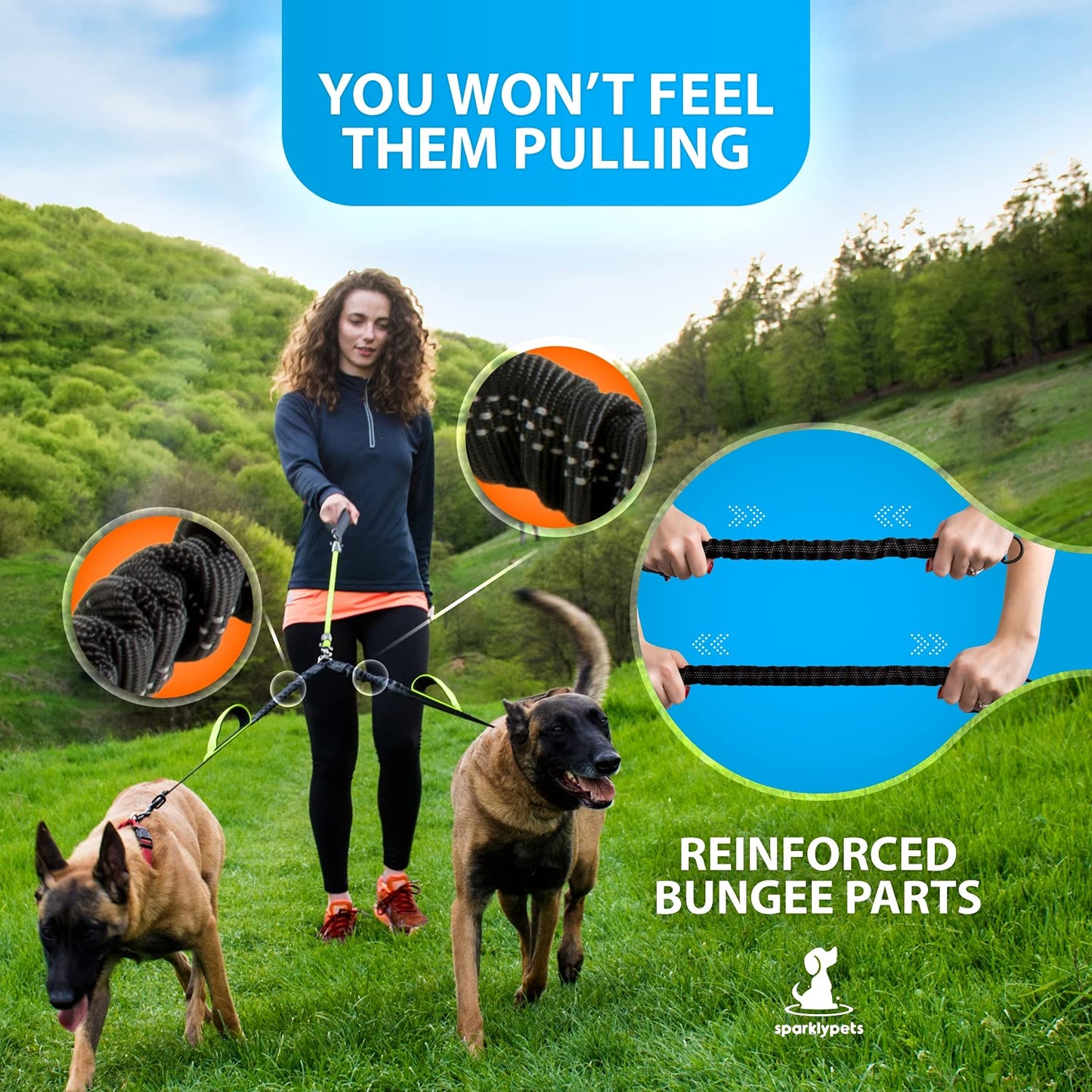 SparklyPets Double Leash for 2 Dogs – Rope Bungee Dual Leash for Medium and Large Breeds with Padded Handles & Tangle Free (Green, for 2 Dogs)