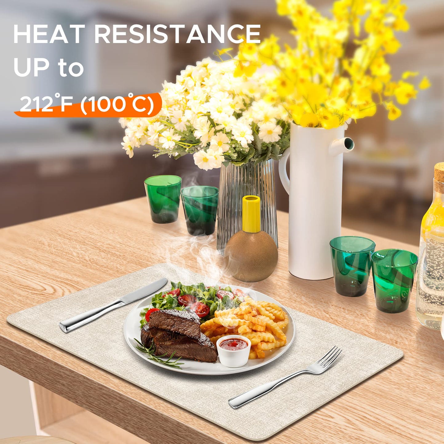 BIPASION Placemats, Faux Leather Heat Resistant Placemats for Dining Table Set of 8, Waterproof Wipeable Washable Place Mats, Easy to Clean Non-Slip Table Mats, Beige