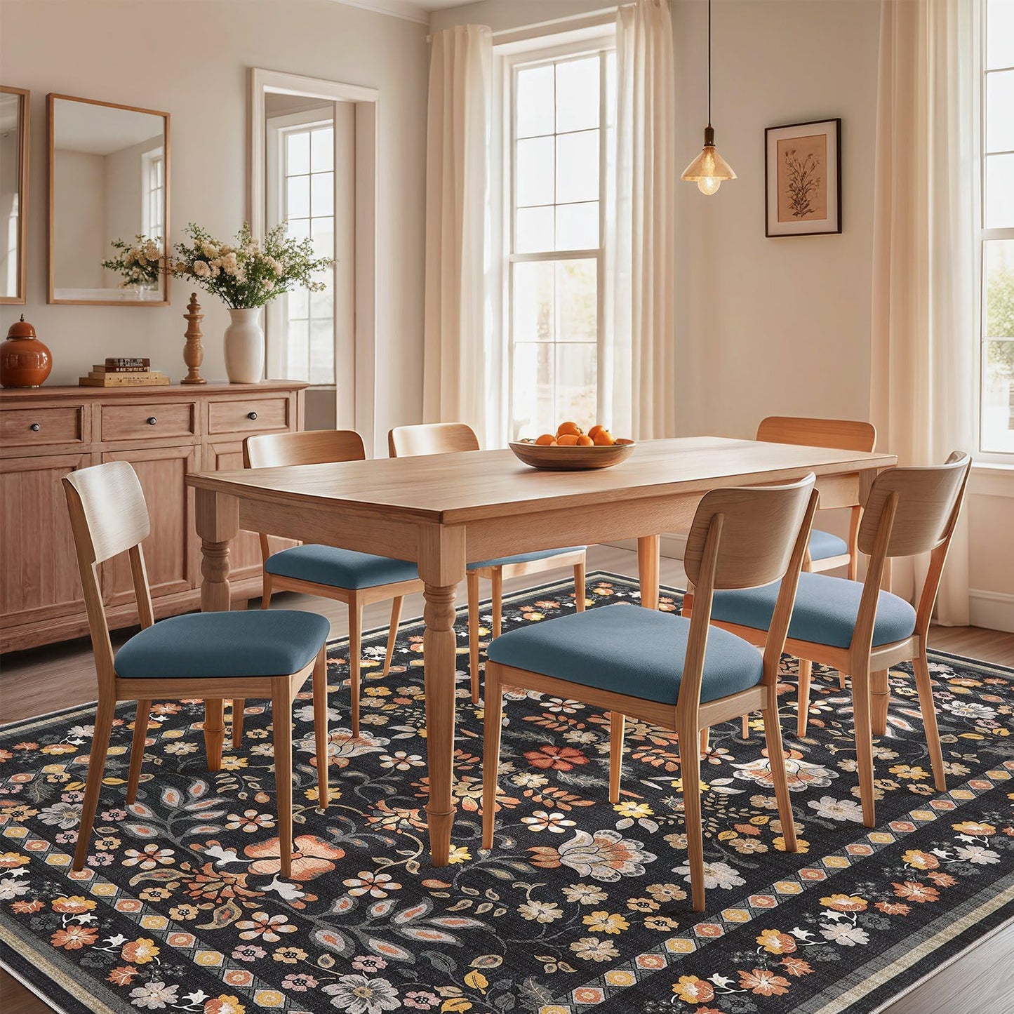 Uermei 5x7 Area Rug for Living Room: Washable Boho Floral Soft Non-Slip Low Pile Carpet for Bedroom Dining Room Kids Playroom Office Decor Indoor-Black Grey