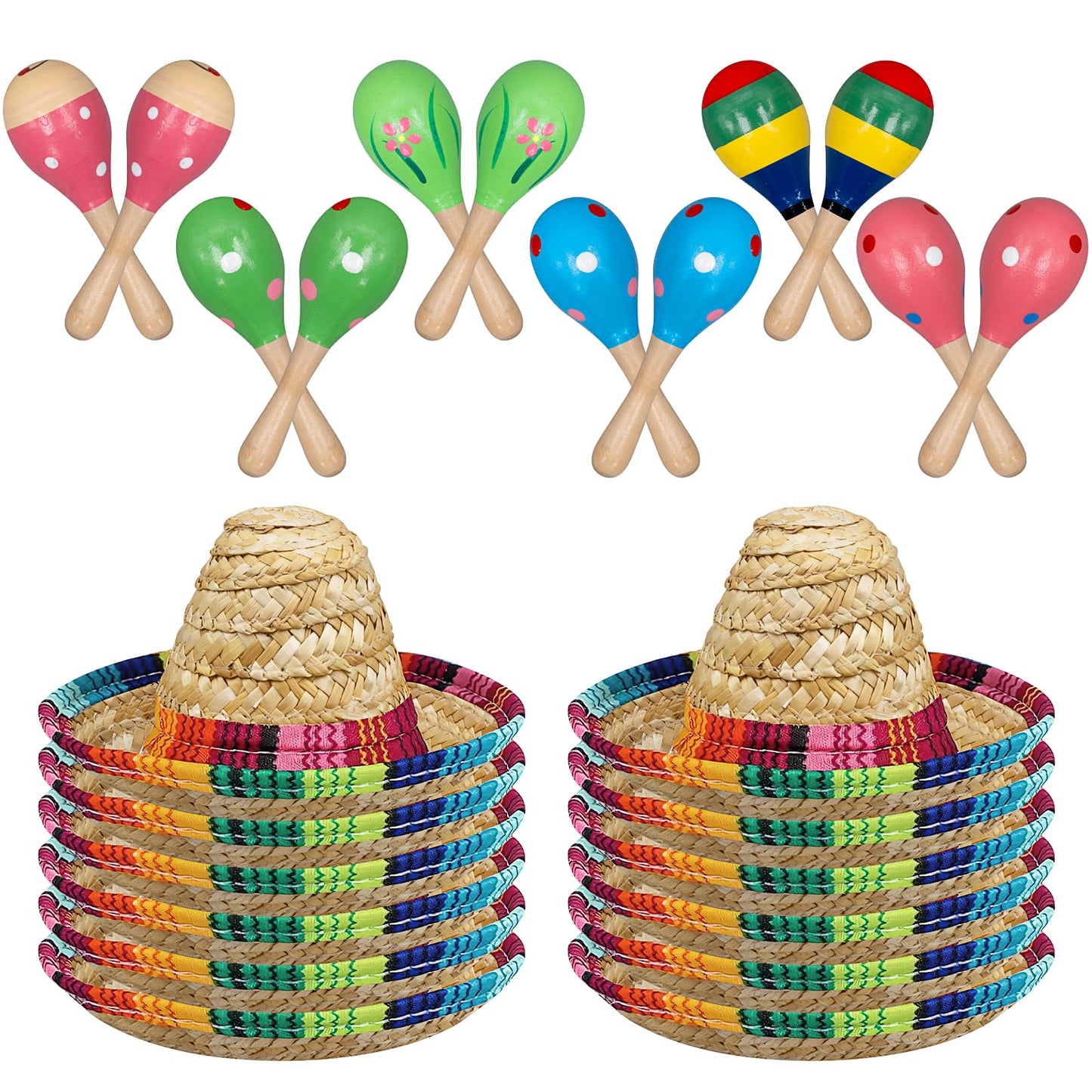 24Pcs Wooden Maracas Includes Mini Sombrero Top Hat Bulk Mexican Fiesta Party Decorations for Kids Halloween Carnivals