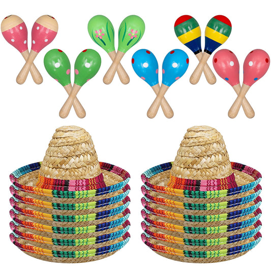 24Pcs Wooden Maracas Includes Mini Sombrero Top Hat Bulk Mexican Fiesta Party Decorations for Kids Halloween Carnivals