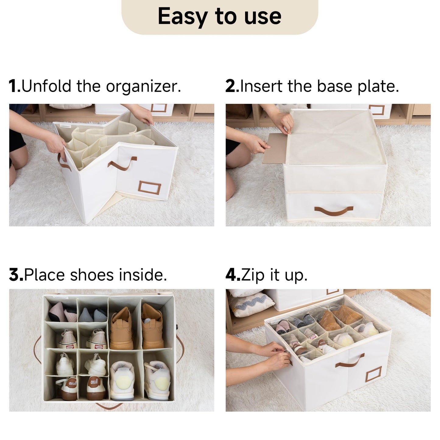 StorageWorks Shoe Oragnizer for Closet, 2 Pack Shoe Storage Cubes Holds Up to 16 Pairs, Space Saving Storage Boxes with Lid and Hanldes, Beige
