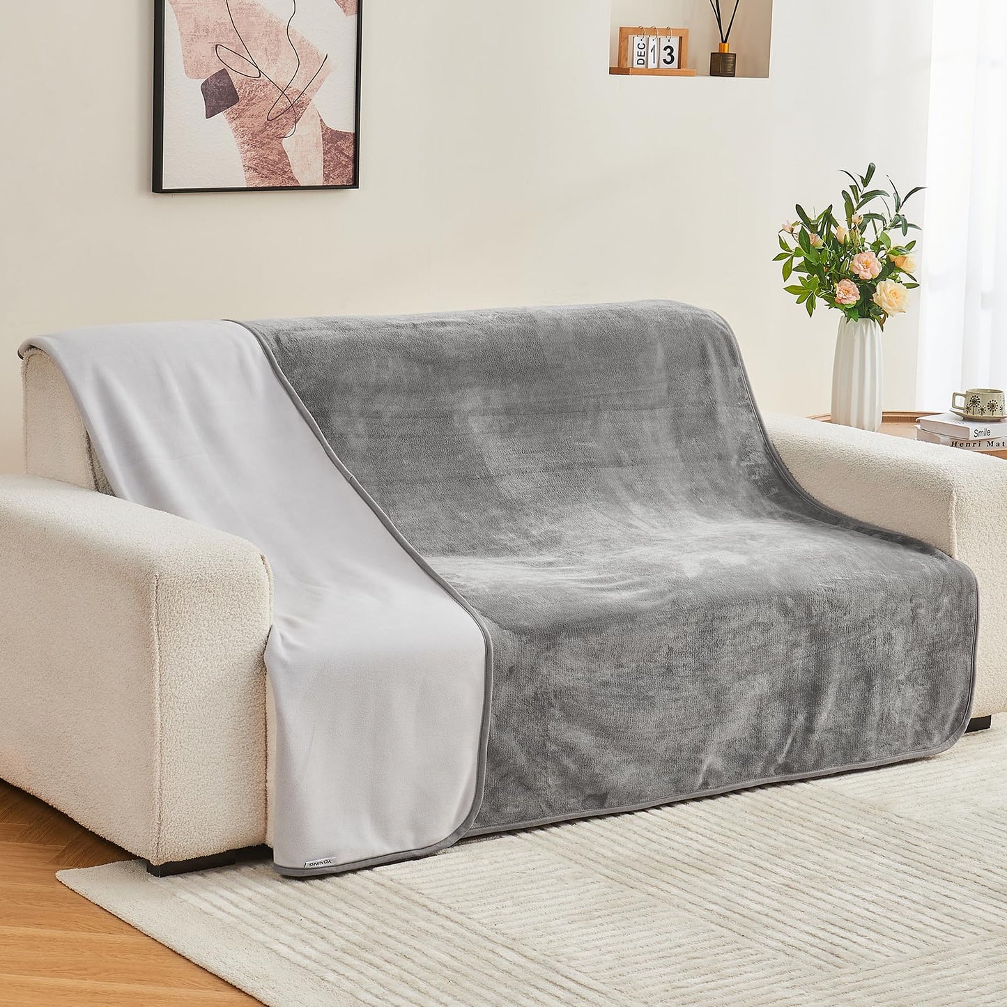 Yaning Waterproof Blanket 80"x90" for Adults, Reversible Waterproof Bed Cover for Dogs Cats Pets, Soft Leakproof Blanket for Bed Couch Sofa Furniture Protector, Grey/Light Grey