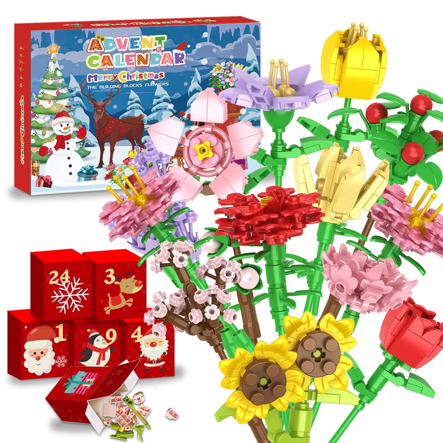 Advent Calendar 2025 Flower Building Blocks for Kids, 24-Day Christmas Calendar with 24 Colorful Flower Bouquets Made of Building Blocks,Christmas Flower Building Toy Gift for Boys and Girls