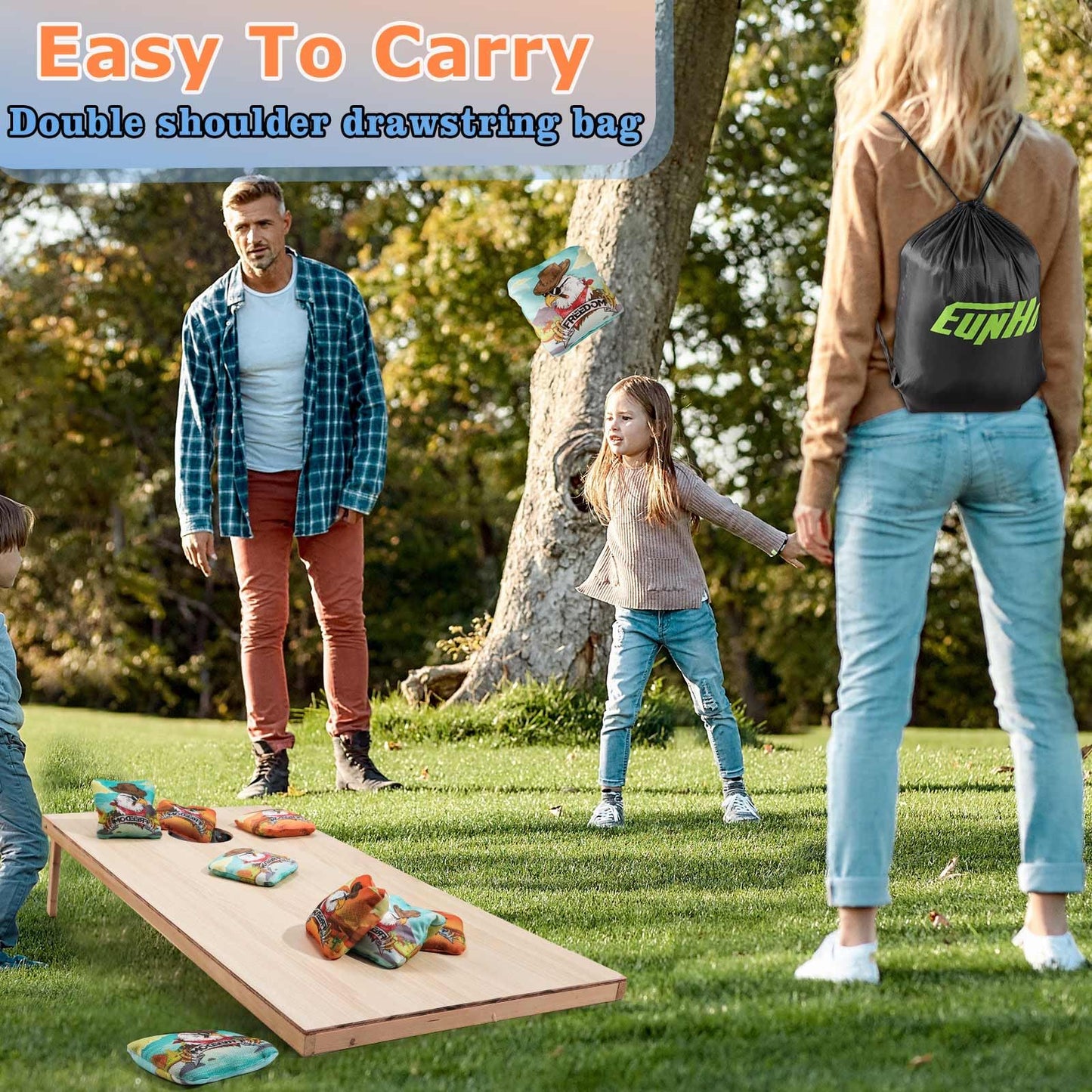 EunHo Cornhole Bags Regulation Dual Sided Set of 8, Non-Dusty Cornhole Bean Bags Slick & Sticky Side Bags with Carry Bag (Cow/Eagle)