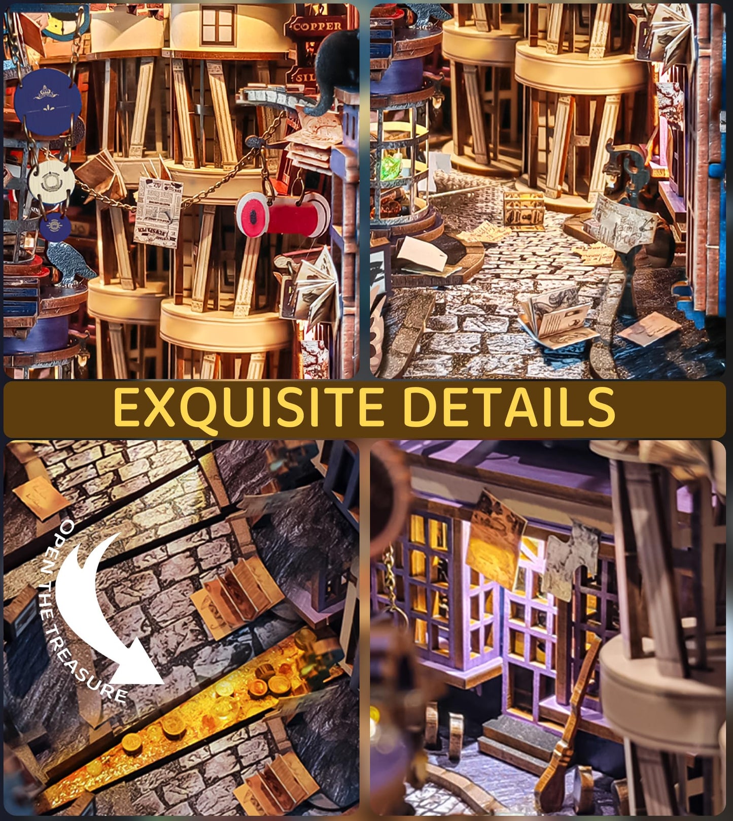 Spilay DIY Book Nook Kit,DIY Dollhouse Booknook Bookshelf Insert Decor Alley,Bookends Model Build kit with LED Light,Handmade Crafts Gifts for Birthday (Magical Night Alley with Dust Cover LED)