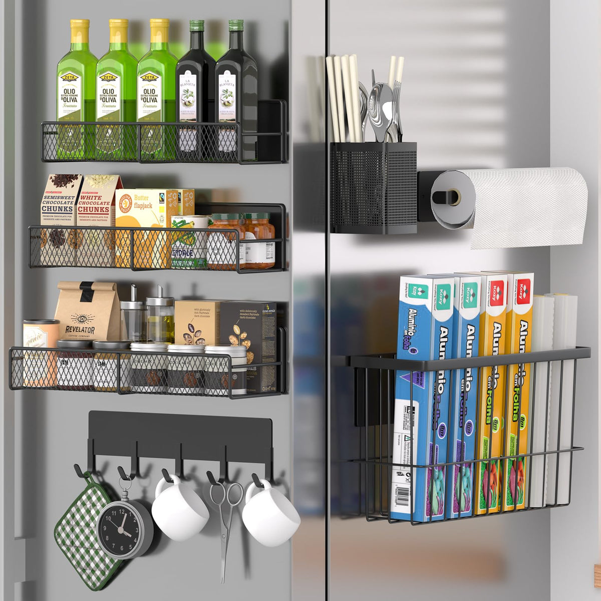 Magnetic Spice Rack for Refrigerator, 7 Pack 100% Metal Strong Magnet Shelf, Spice Organizer W/Paper Towel Holder, Hook Rack, Utensil Caddy & Cutting Board Holder, Home Kitchen Organization (Black)