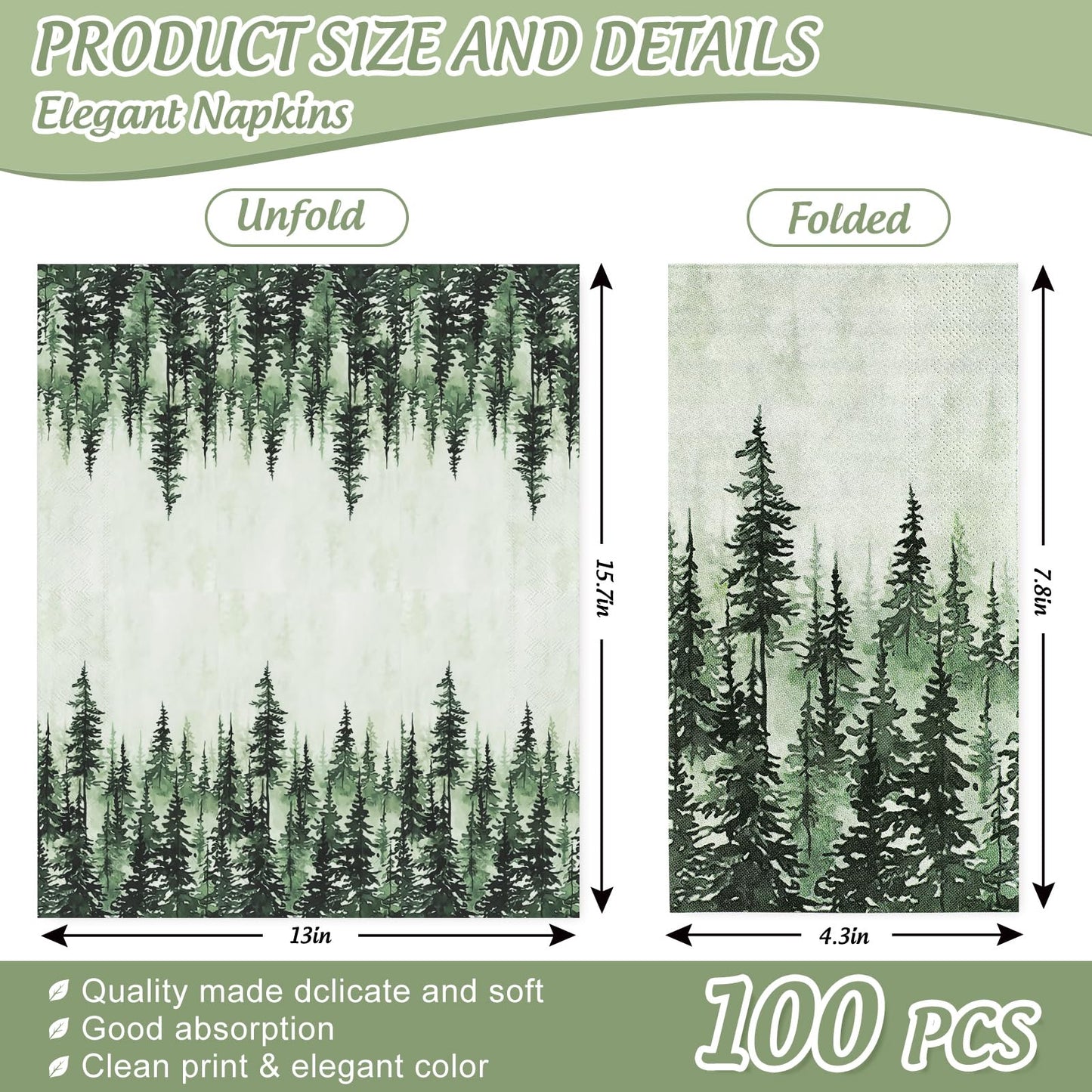 JarThenaAMCS 100Pcs Green Misty Forest Guest Napkin Woodland Disposable Paper Napkin Pine Tree Dinner Hand Towel Napkin for Home Kitchen Bathroom Holiday Party Supplies