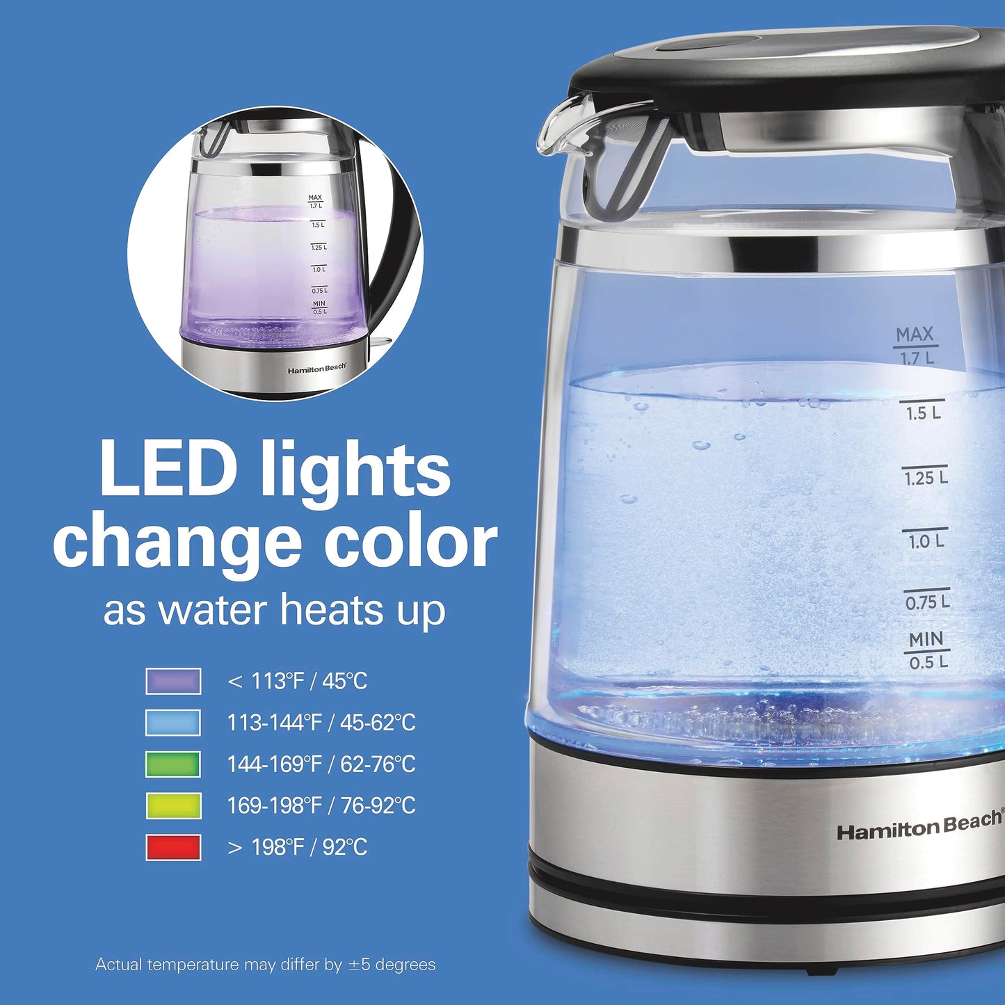 Hamilton Beach Double Wall Glass Electric Kettle, 1.7 L, 1500W, Color-Changing LED, Keeps Water Warm Longer, Cordless, Auto Shutoff & Boil-Dry Protection (40850)