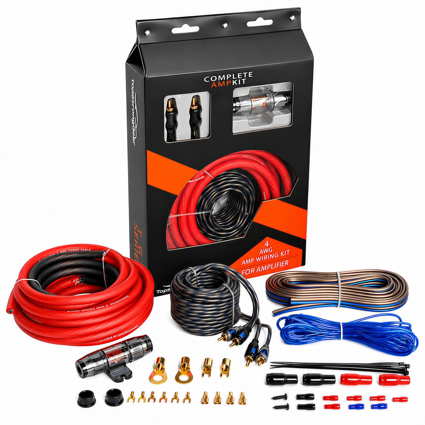 TOPSTRONGGEAR 4ga Amp Kit - 4 Gauge AWG Amplifier Wiring Kit for Car Subwoofers Speakers Audio System, Complete Amp Installation with 20ft Power Ground Cable, RCA Cables, Fuse Holder, Speaker Wire