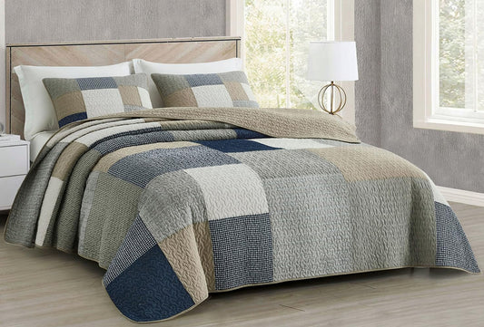 Chezmoi Collection Addy 3-Piece Navy Blue White Gray Taupe Plaid Patchwork Quilt Set - Pre-Washed Cotton Coverlet - Lightweight Reversible Bedspread, Queen Size