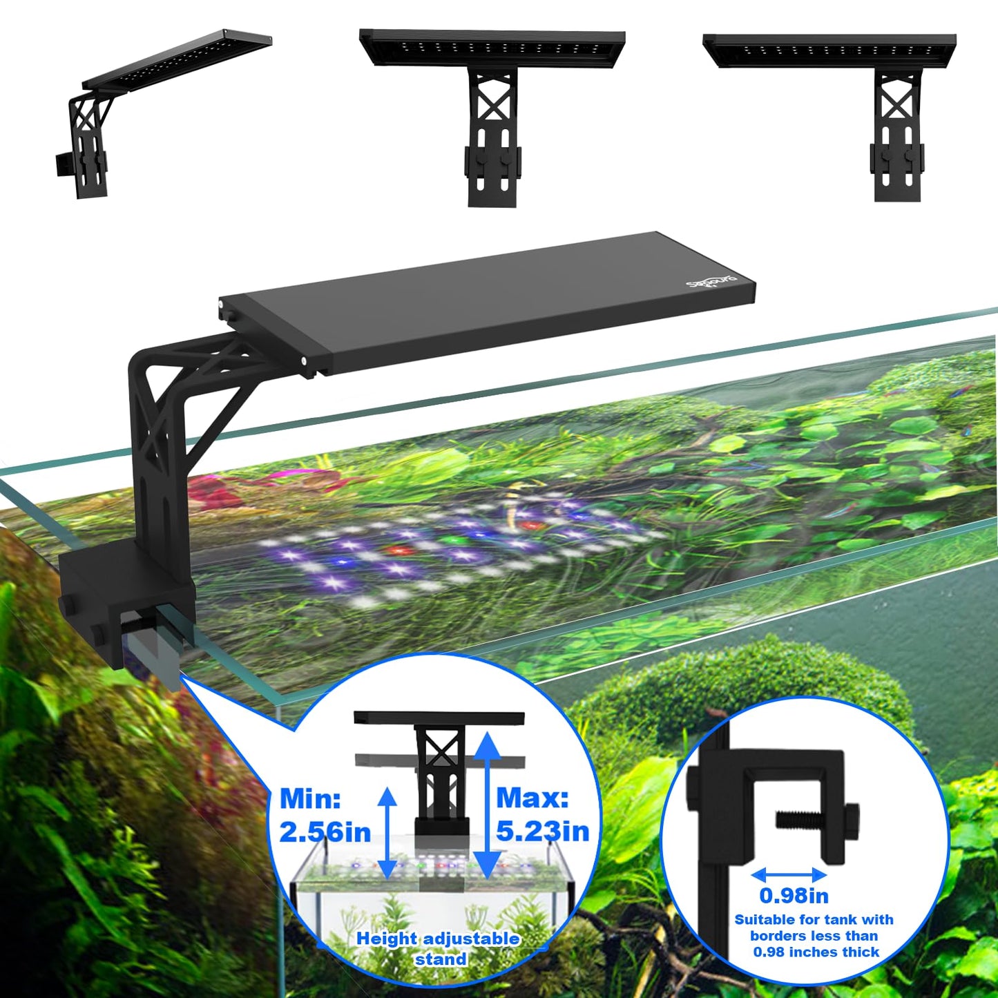 SEAOURA Clip On Aquarium Light for Plants-24/7 Cycle Fish Tank Light with Timer, Full Spectrum+7 Colors Mode, Auto On/Off, Adjustable Brightness and Height, 20W (12inch for 12-20 inch Tank)