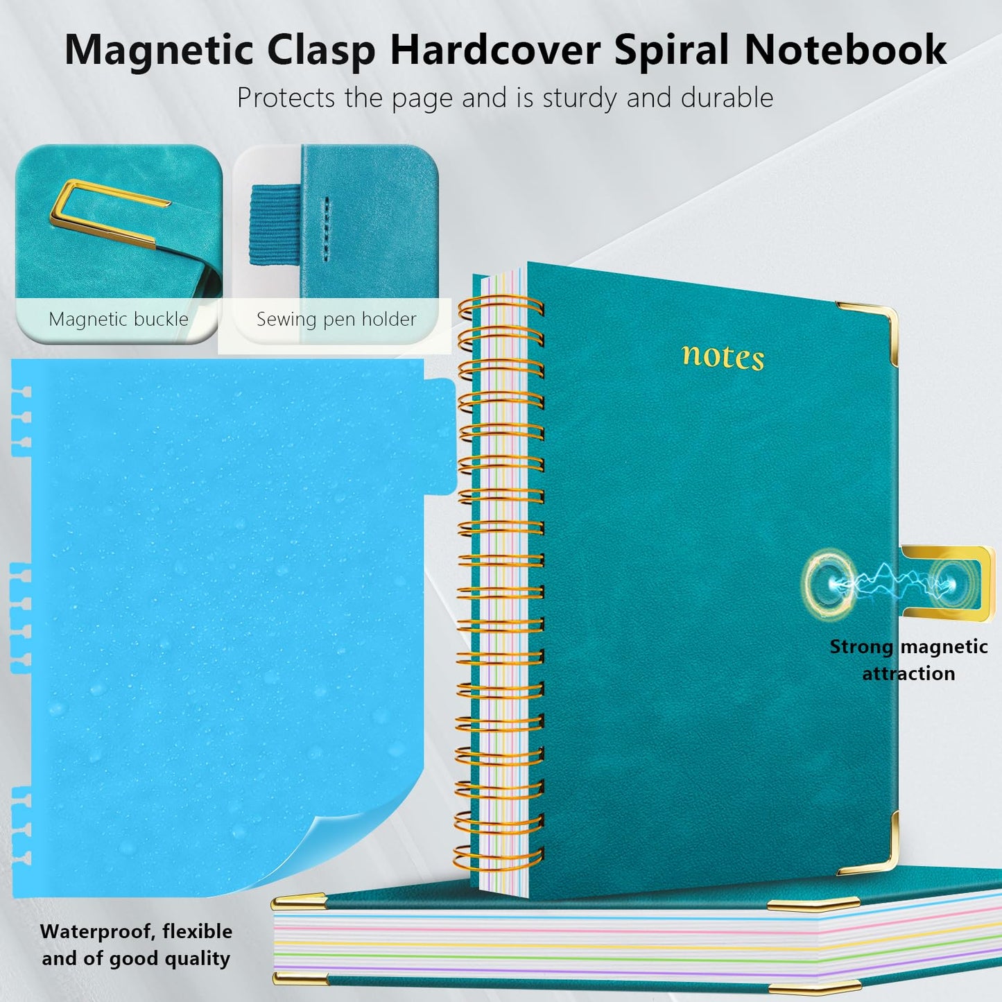 Hardcover Spiral Notebook College Ruled, 8.5"x11" Leather Journal Notebook with Magnetic Closure, 300 Pages 5 Subject Notebook with Dividers Tabs Journal for Women Men, Work, School(Deep Blue)