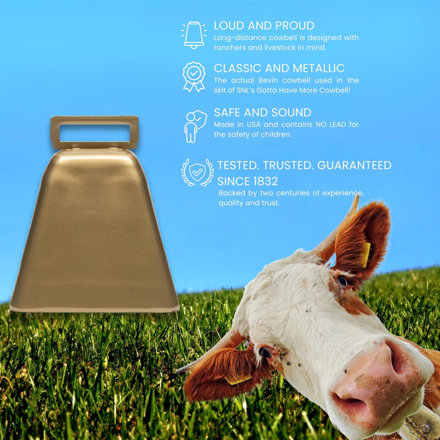 Bevin Bells Long Distance Cow Bells 10LD (Gold & Gold) | Christmas Bells | Made from Steel | Loud Noise Makers | w/White Strap Around The Handle | Easier to Hold | Made in CT, USA