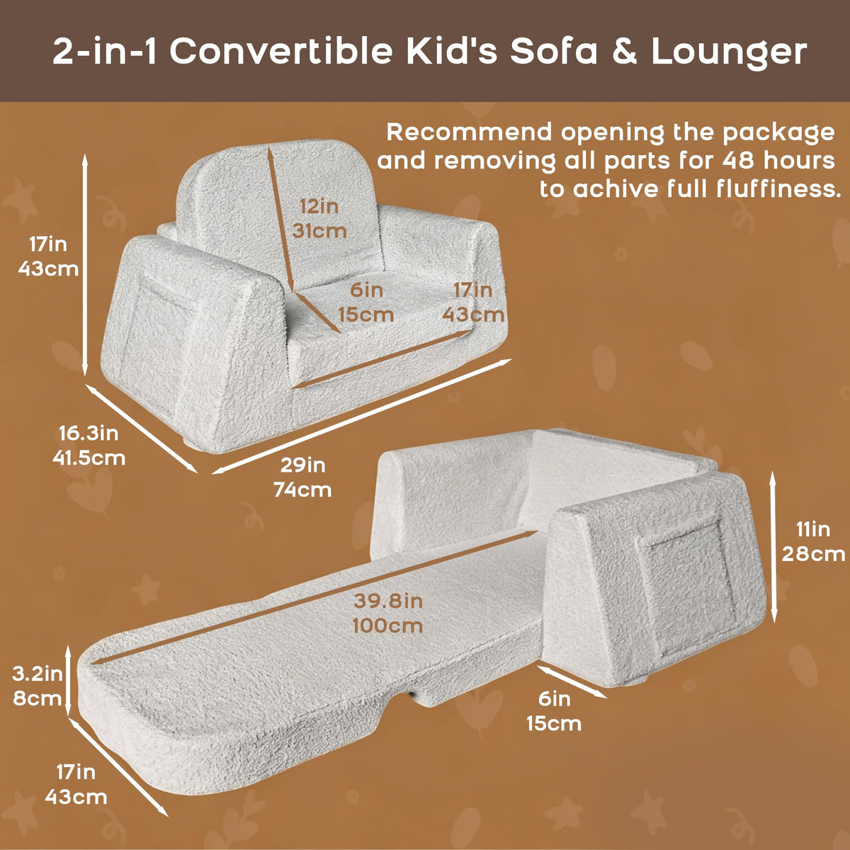 BanaSuper Wide Kids Sofa, Convertible Foam Couch for Children 3-8, Gray