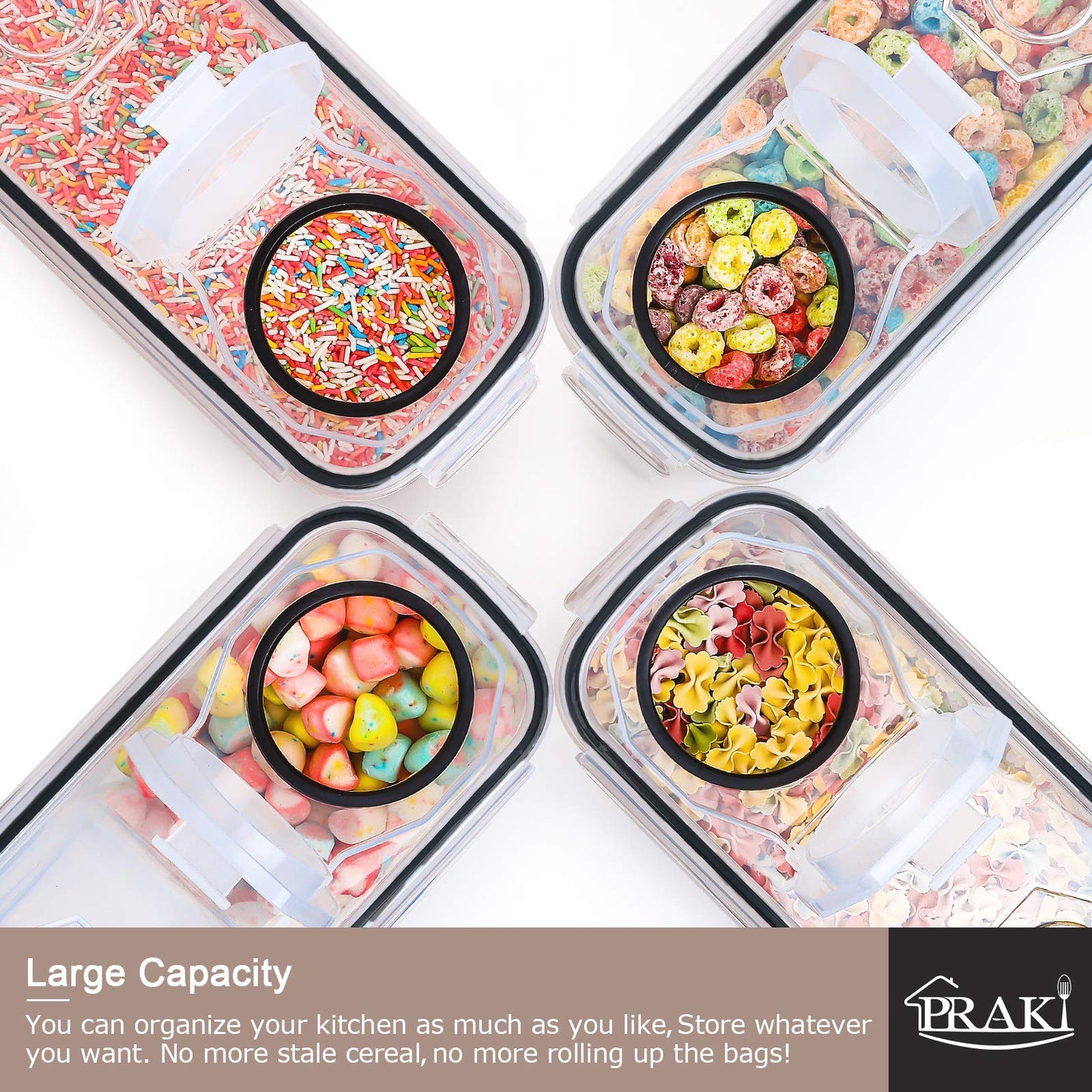 PRAKI 5PCS Cereal Containers Storage Set, BPA-Free Airtight Food Storage Container Set with Lids, Kitchen Pantry Organization & Storage, Perfect for Sugar, Baking Supplies - 20 Lables & Mark(4L Black)