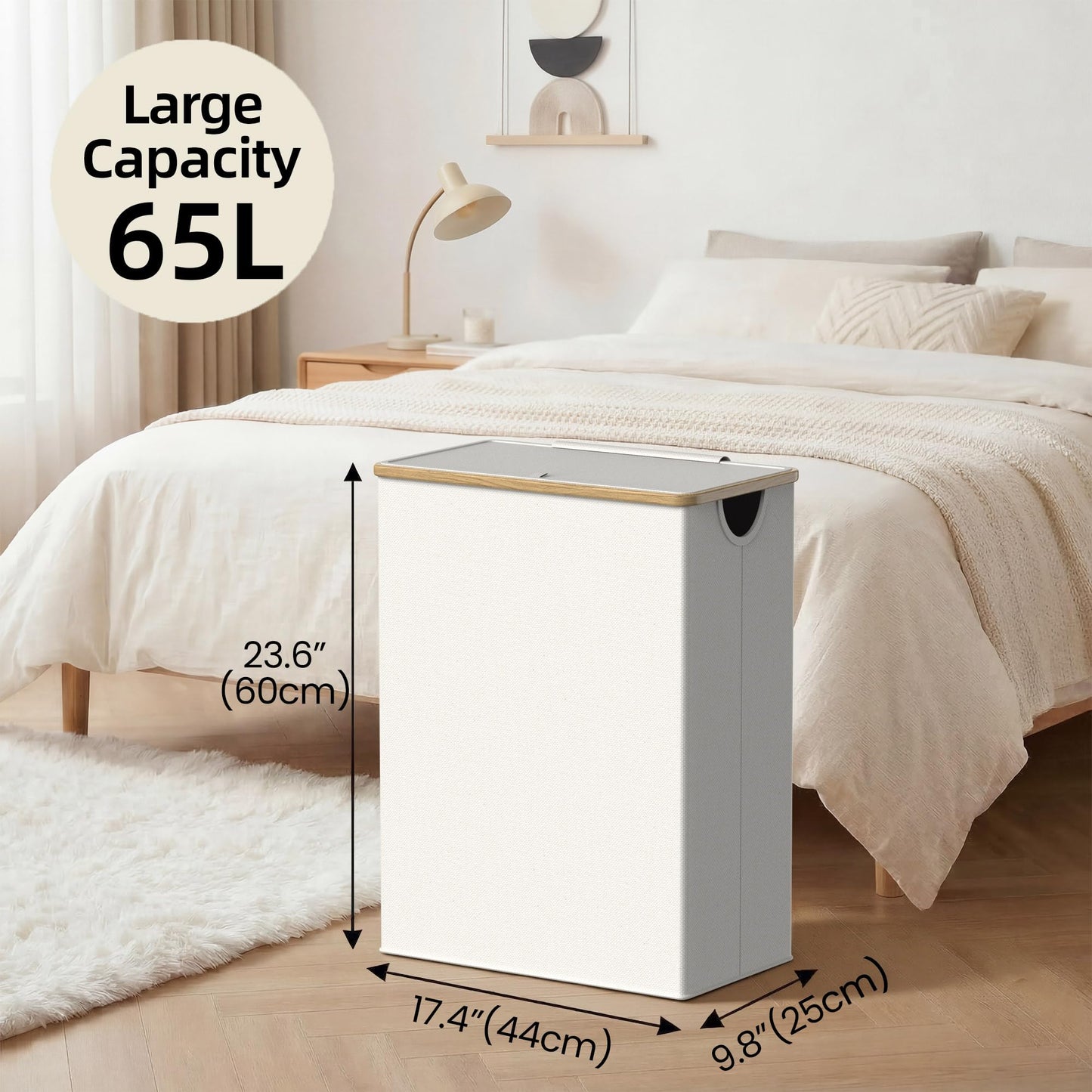 efluky Slim Laundry Basket with Lid, Narrow Laundry Hamper with Removable Bag, Skinny Dirty Clothes Basket with Bamboo Handles for Bathroom, Bedroom & Laundry Room, 65L Beige