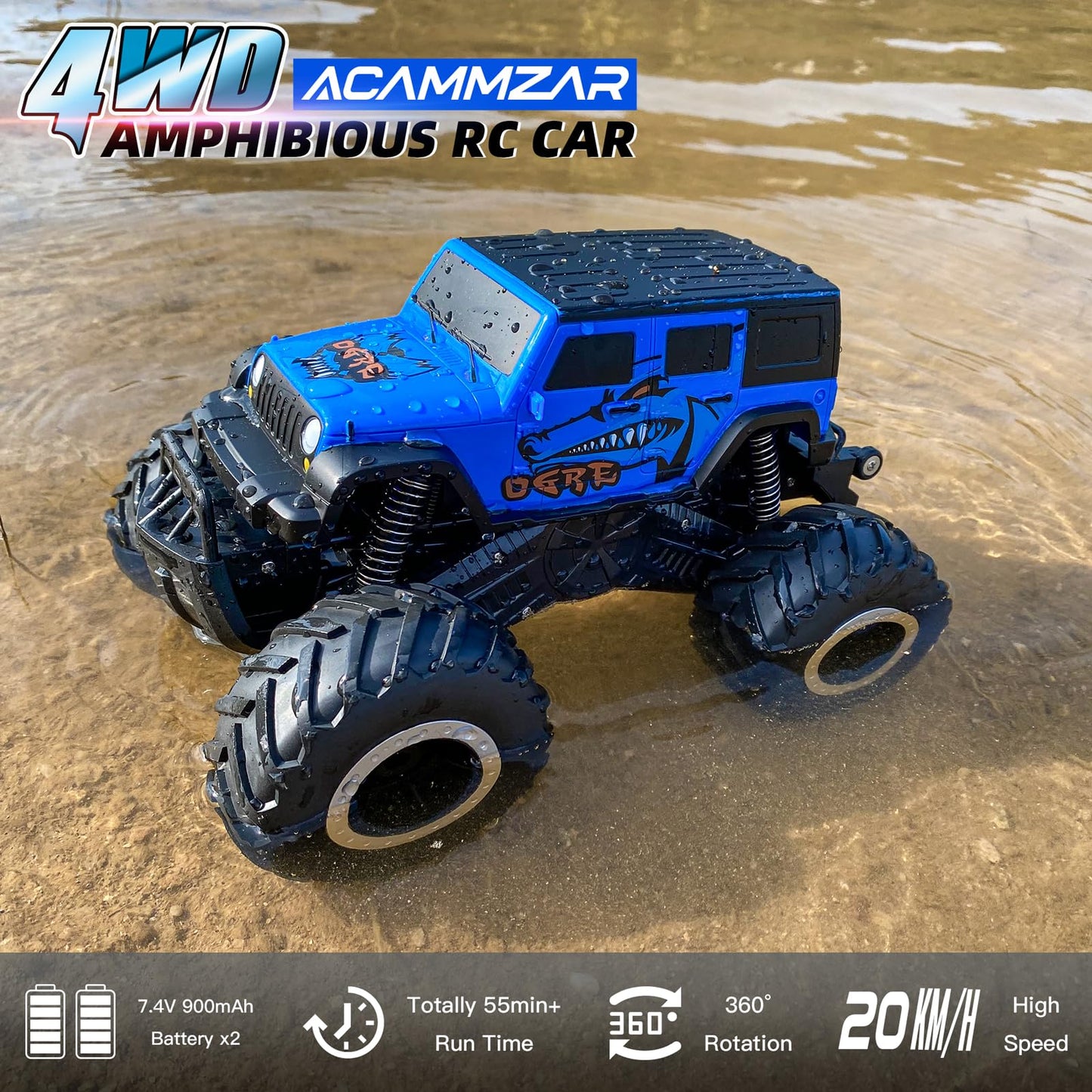 ACAMMZAR 1:16 Amphibious RC Monster Truck, Remote Control Cars for Kids, IPX7 Waterproof 2.4GHz 4WD 360° Rotation, Double Sided RC Car for Boys Girls Gifts, Blue