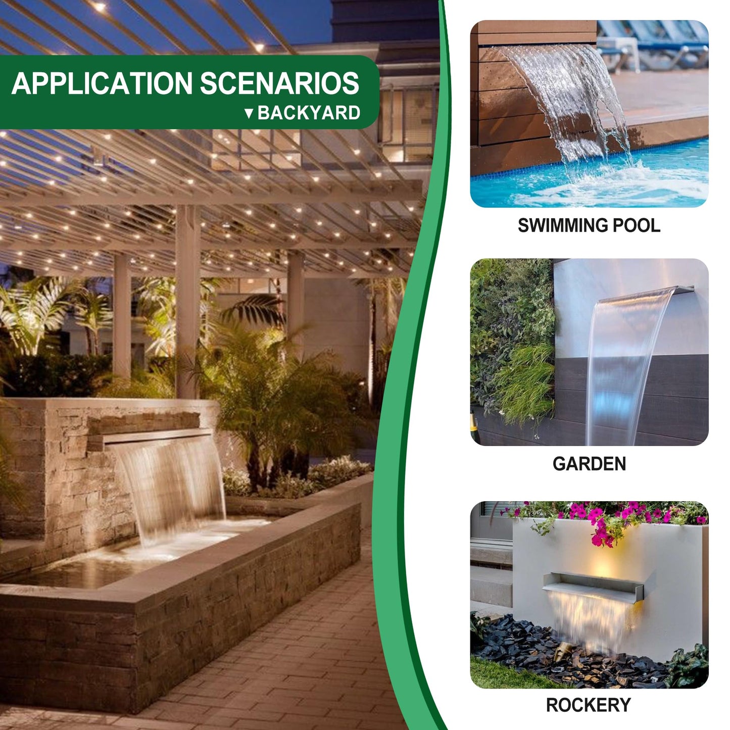 Waterfall Pool Fountain LONGRUNNEW 304 Stainless Steel 11.8" Rectangular Waterfall Spillway, Water Fall Fountain with Pipe Connector for Garden Outdoor, Swimming Pools, Fountains, Pond and Spa