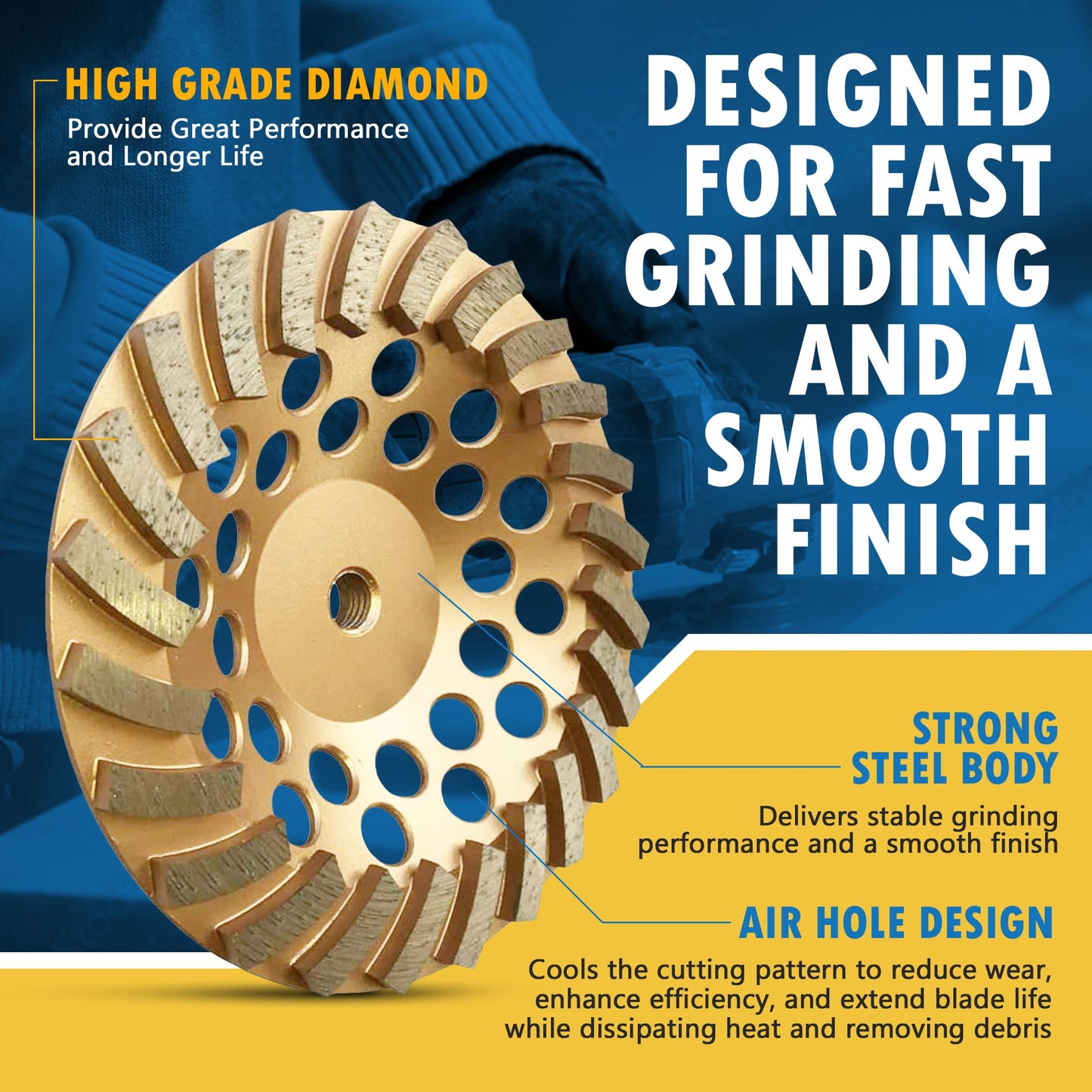 7" Diamond Grinding Wheels for Concrete or Masonry, 24 Turbo Segments, 30/40 Grit, Medium Bond, 5/8"-11 Arbor