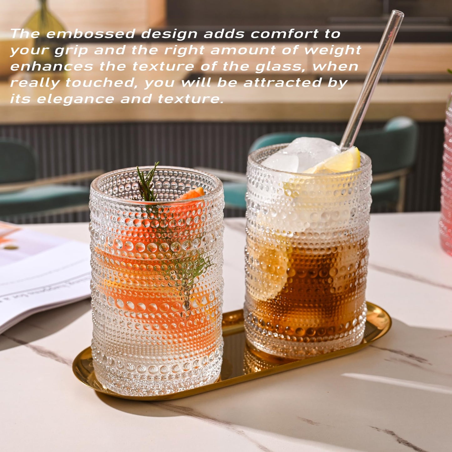 KMIGRUAN Hobnail Drinking Glasses 15oz Vintage Glassware Set of 6 Embossed Beaded Drinking Glasses, Water Cups, Highball Glasses Tumbler for Cocktail,Whiskey,Beer and Juic