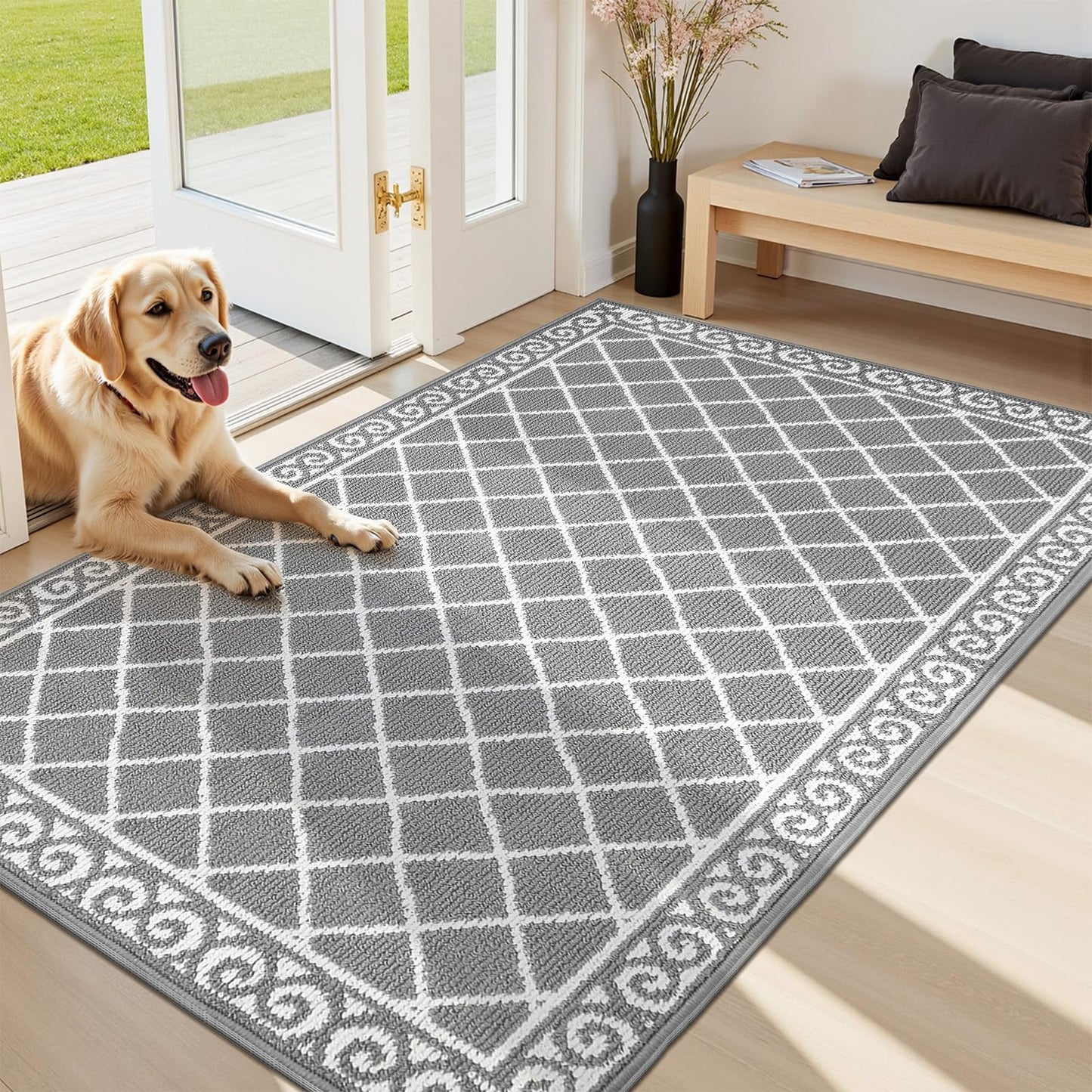 HEBE Non Slip Door Mat Indoor, 32" x 48" Heavy Duty Entrance Rug for Front Door, Washable Absorbent Floor Mat for Entryway Garage Patio, Grey