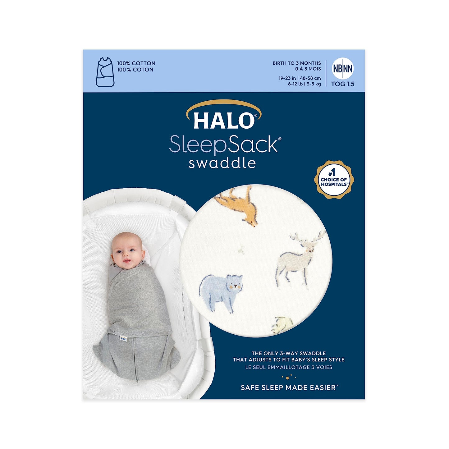 HALO 100% Cotton Sleepsack Swaddle, 3-Way Adjustable Wearable Blanket, TOG 1.5, Forest Friends, Small, 3-6 Months