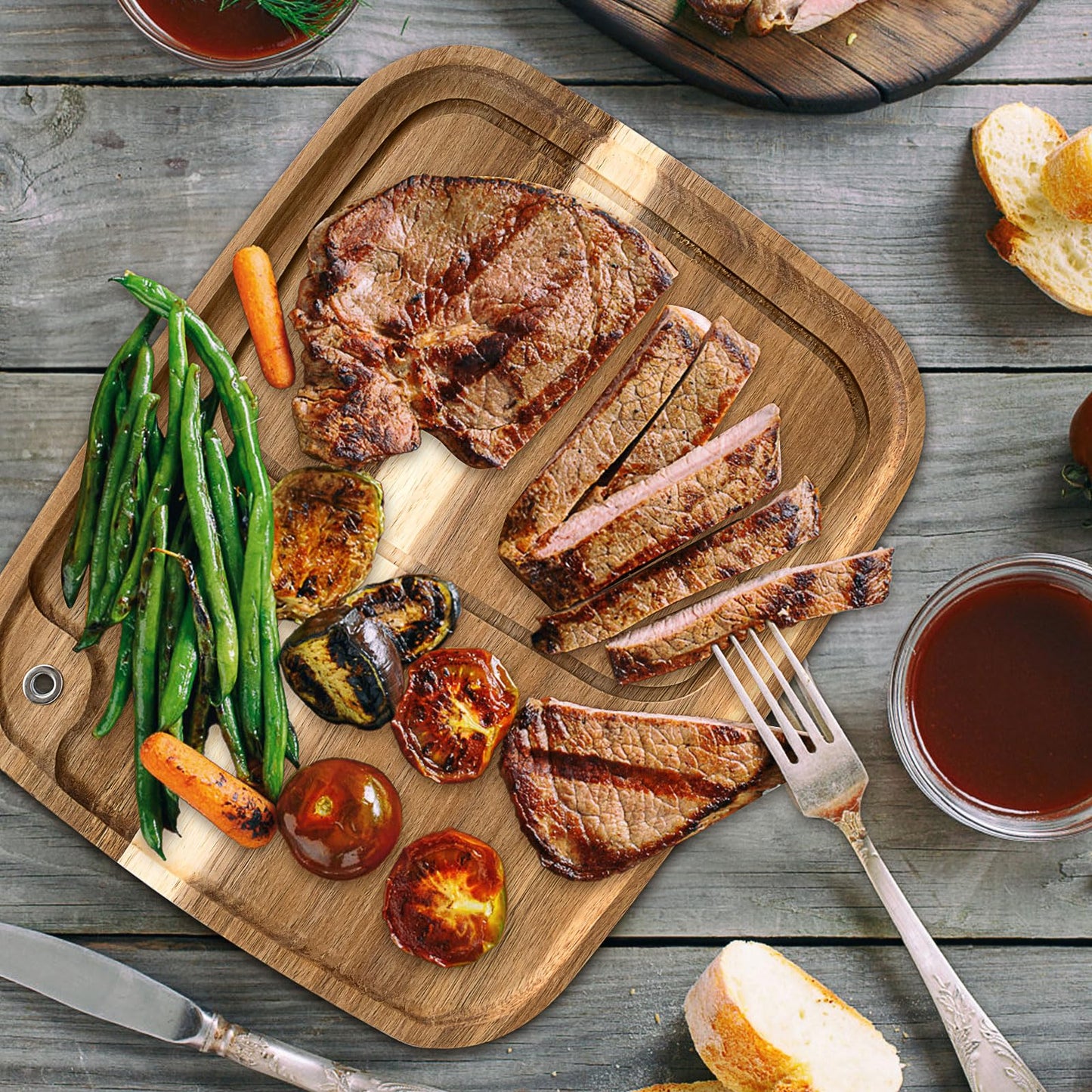 6 Pcs Acacia Wood Steak Plates with Juice Channel, Wooden Steak Board Set, Wood Serving Boards for Serving Steak, Meat, Charcuterie, Appetizer (13 x 11 x 0.6 Inch)