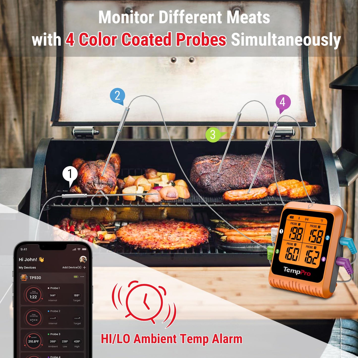 ThermoPro TP930 650FT Wireless Meat Thermometer, Bluetooth Meat Thermometer with 4 Color-Coded Meat Probes, Grill Thermometer with Timer, Smart Meat Thermometer Wireless for BBQ Oven Smoker