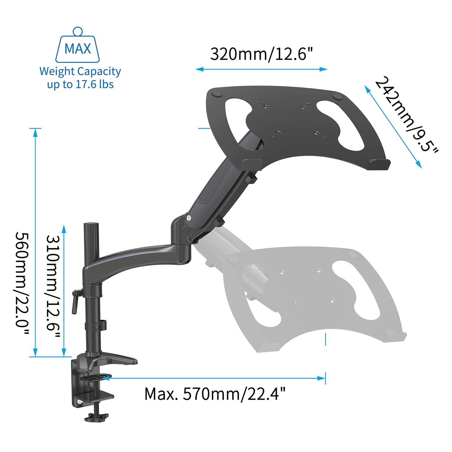 SHOPPINGALL Fully Adjustable Single Gas Spring Laptop Mount Stand for Laptops Up to 17", Both Desk clamp and Grommet mounting - SA-GM112D+D15-Black