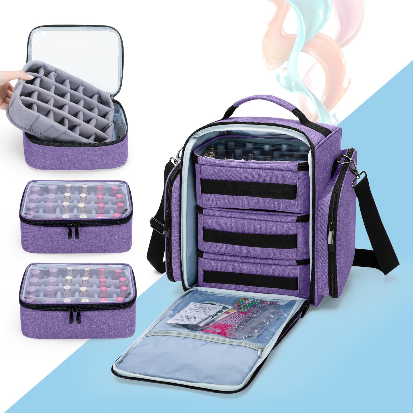 BAFASO Nail Polish Organizer Holds 72 Bottles (15ml - 0.5 fl.oz), Large Nail Polish Case with 3 Removable Pouches and Multiple Storage Sections (Bag Only), Purple, Patented