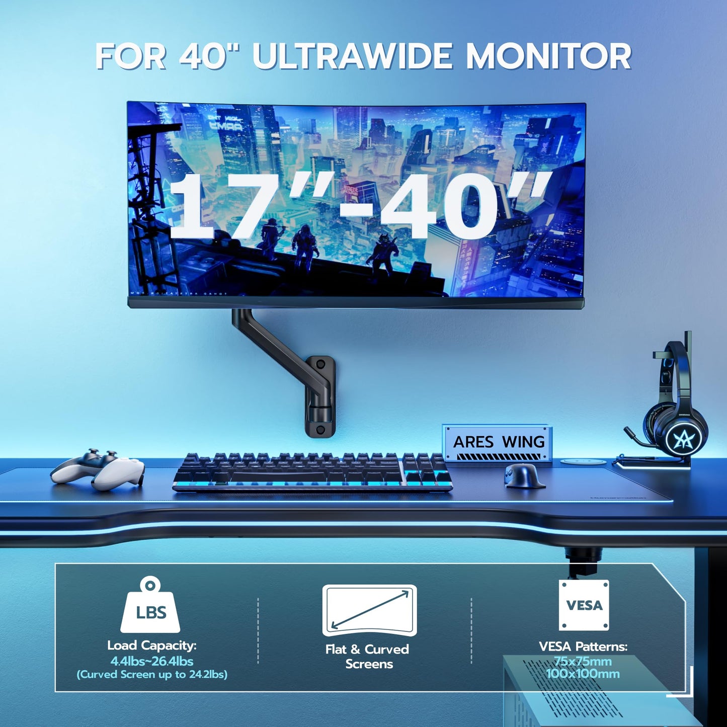ARES WING Single Monitor Wall Mount for 17-40 Inch Ultrawide Screens, Heavy Duty Monitor Arm Up to 26.5 lbs, Fully Adjustable Wall Mount, VESA 75x75/100x100 Compatible, Black