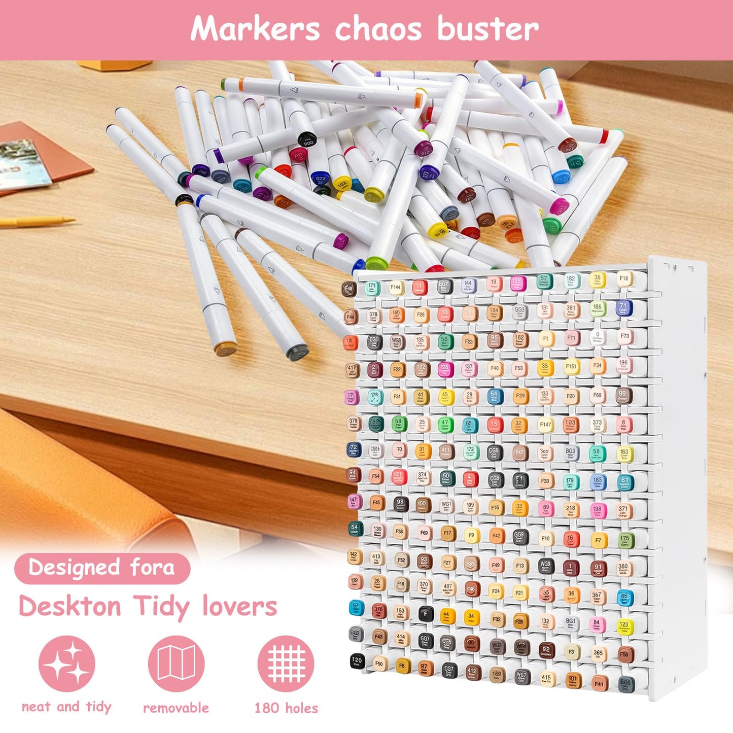 Mumisuto 180 Slot Marker Organizer, PVC Marker Pen Holder, Desktop Art Supply Organizer, White