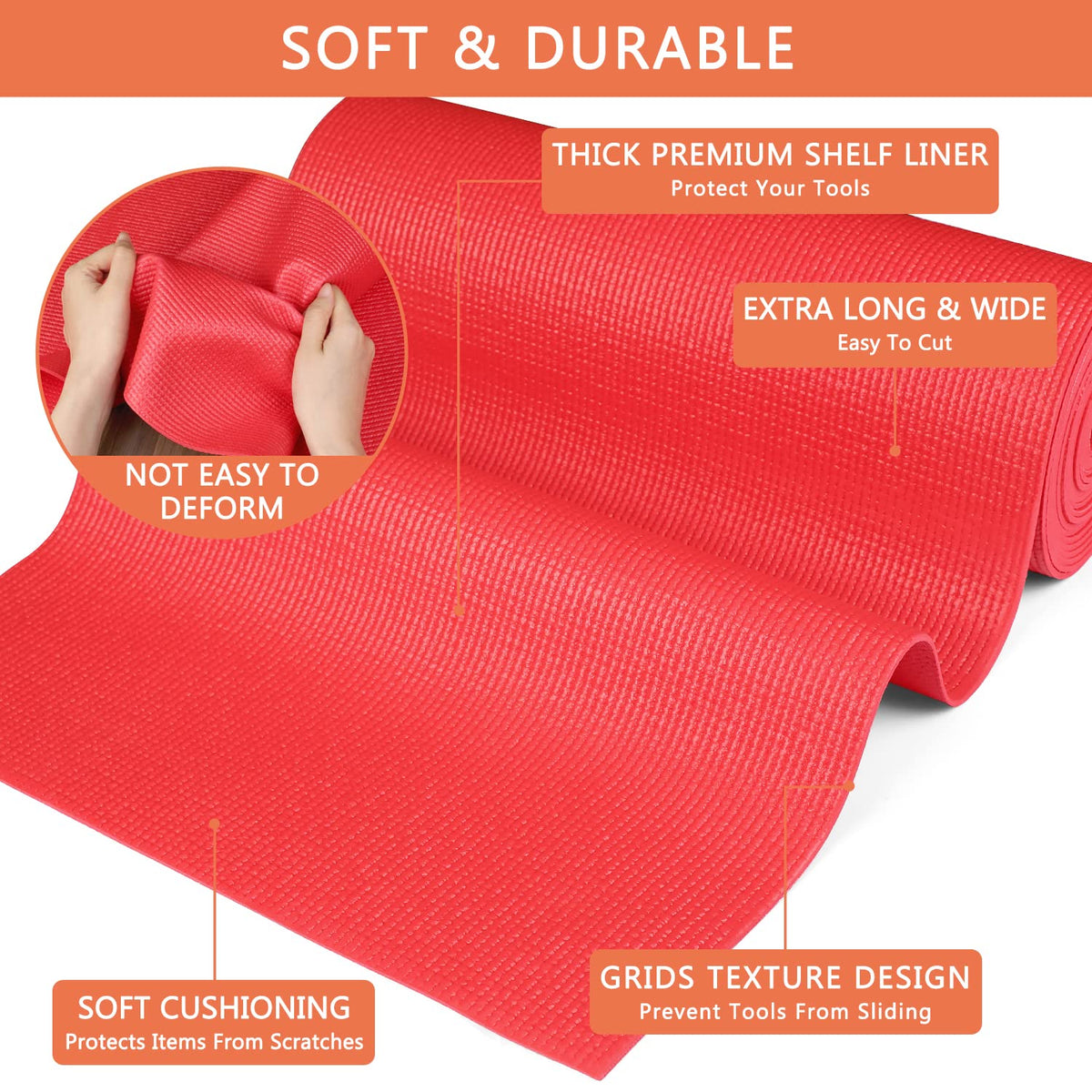 Foam Toolbox Liner Drawer Mat 1/8 Inch Thick X 20 Inch Wide X 24 Ft Long Red, No Slip for Protecting Cabinet, Garage, Cart, Tool Box