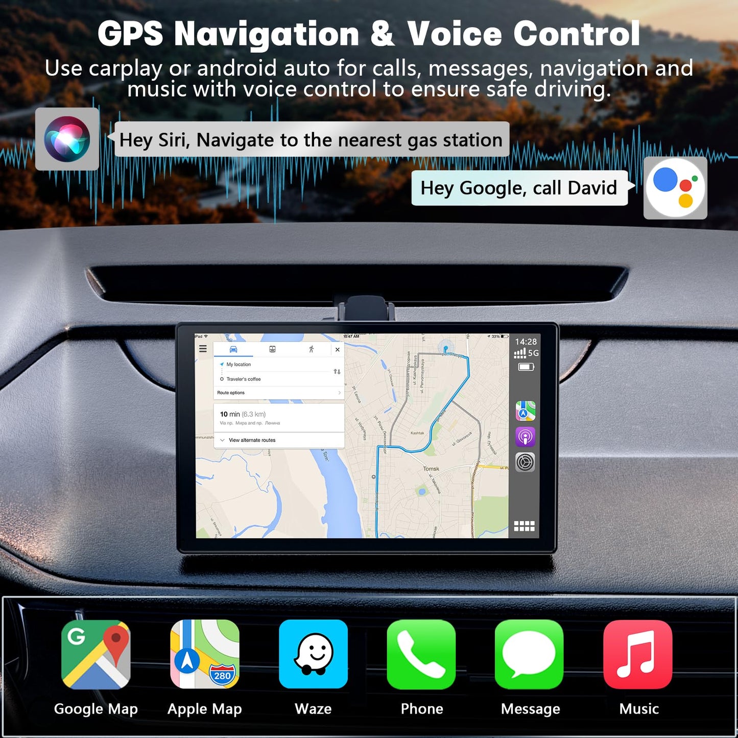 9'' Carplay Screen for Car, Wireless Carplay & Android Auto, Rotatable Car Play Screen with 1080P Backup Camera, Android Auto Screen with Mirror Link, Bluetooth, GPS Navigation, Voice Assistant