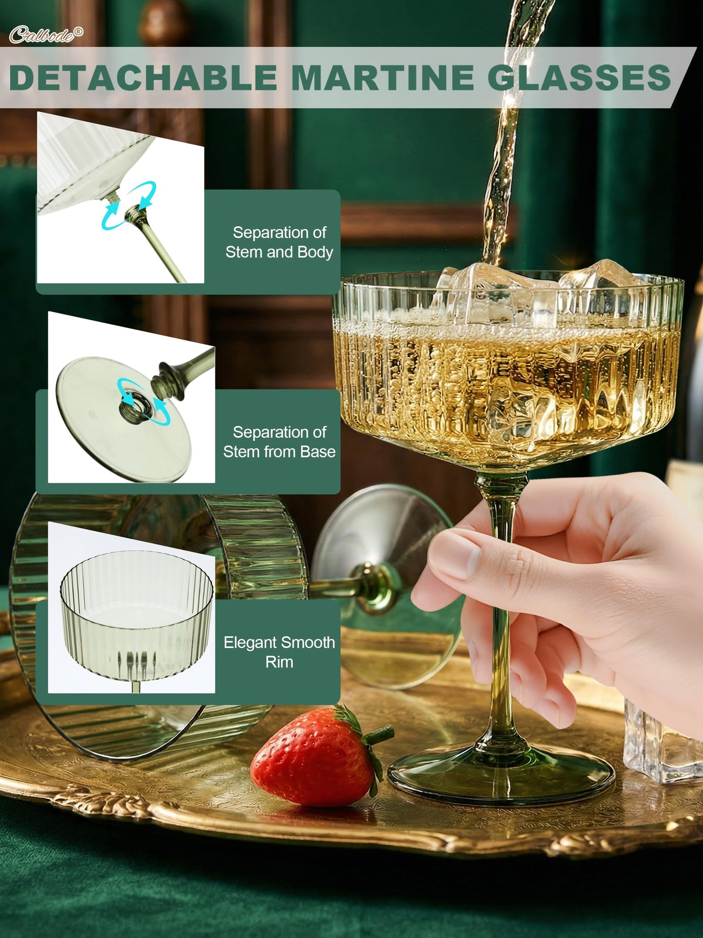 CALBODE 24Pcs Plastic Martini Glasses with Detachable Stems, 10oz Plasitc Ribbed Coupe Glasses Green Vintage Cocktail Glassware Set Toasting Glasses for Party Wedding Anniversary