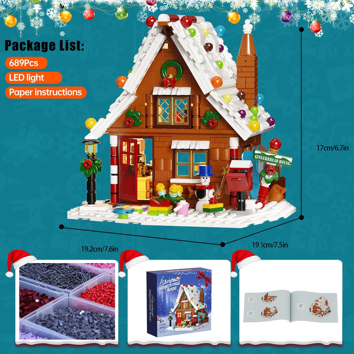Christmas Gingerbread House Building Kit with LED Lights,Christmas Village House Blocks Set,Compatible with Lego,Xmas Decorative Gifts for Girls and Boys,Kids and Adults