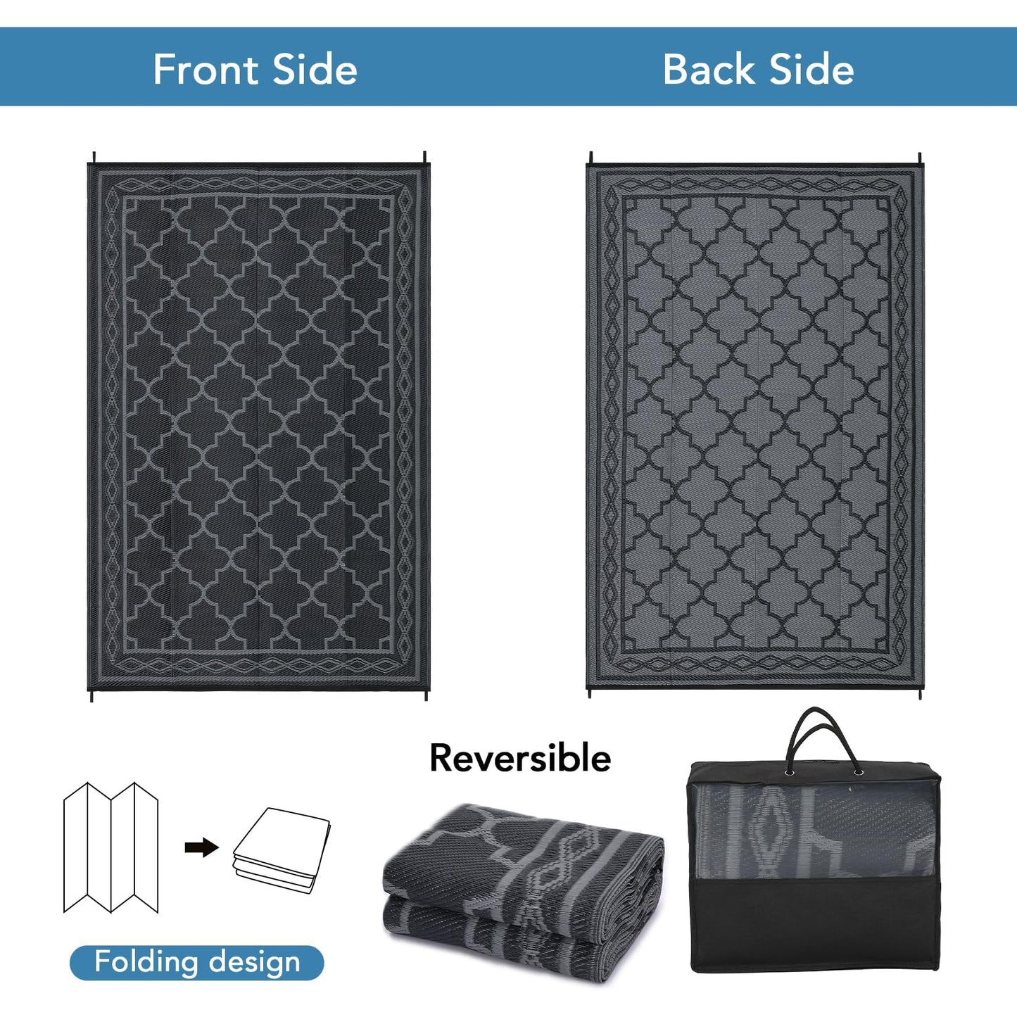 Garvee Morocco Outdoor Plastic Straw Rug 6'x9', Patio Rugs for Camping, Reversible Outdoor Carpet for RV, Waterproof Geometric Mat for Picnic, Deck Balcony Porch Backyard,Black & Grey