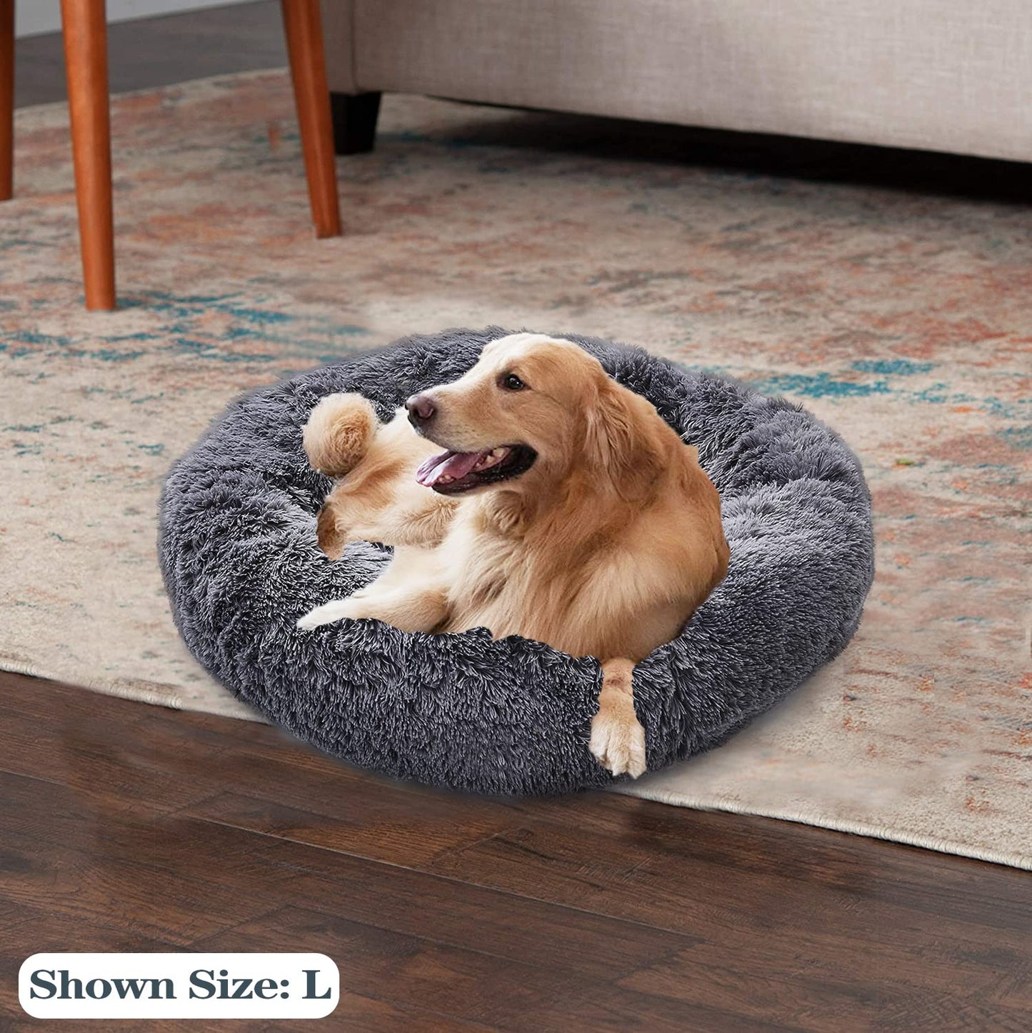 Dog Bed, Calming Donut Washable Pet Bed for Medium Dogs up to 40lbs, Anti Anxiety Long Plush Faux Fur Round Dog Bed with Non-Slip Bottom