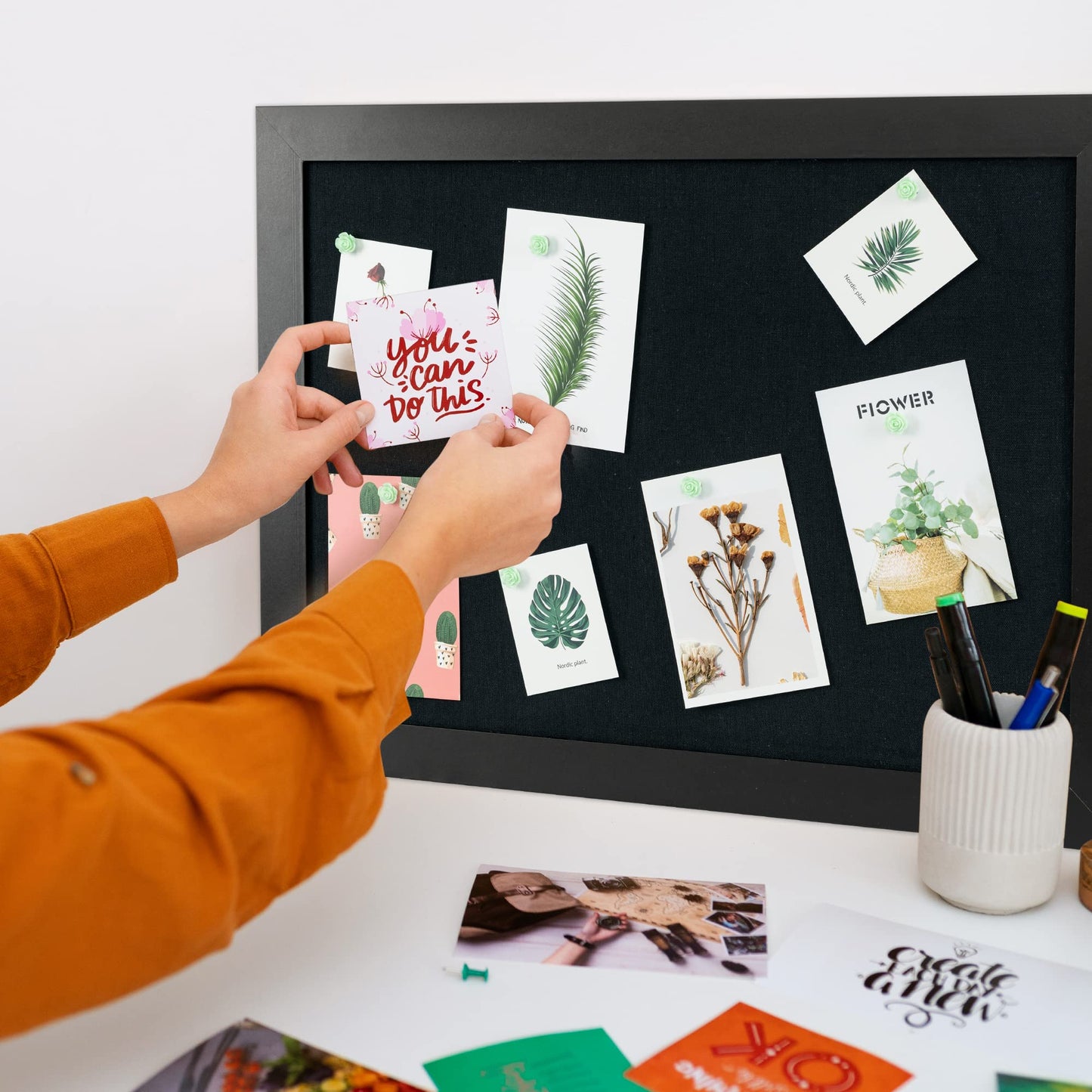 Board2by Black Cork Board Bulletin Board with Linen, Wood Framed 24" x 18" Corkboard, Office Board for Wall Decor, Wall Mounted Pin Board Picture Board with 20 Pushpins for School, Home & Office