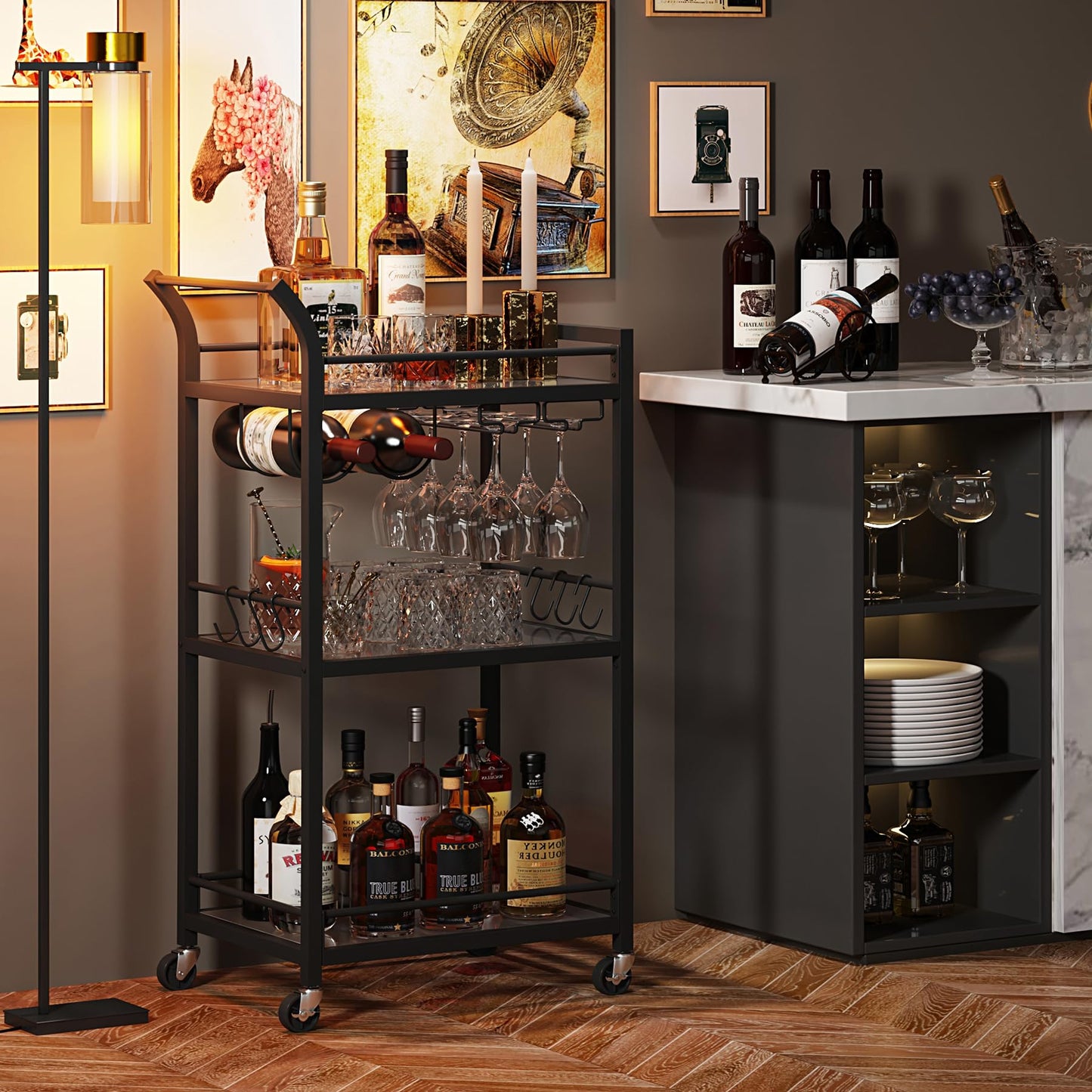 TUTOTAK Bar Cart, Home Bar Serving Cart with 3-Tier Mirrored Shelf, Wine Cart, Drink Cart, Mobile Kitchen Shelf, Black BC01BK034CA