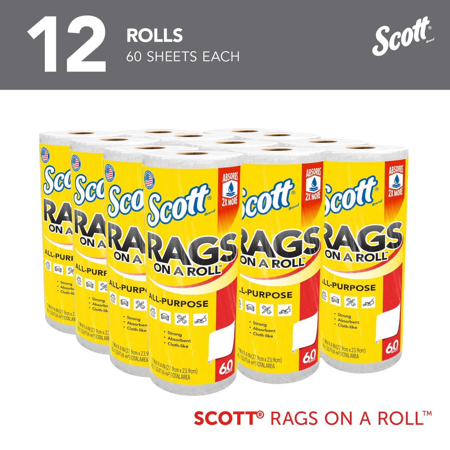 Scott® Rags On A Roll™ (54992), All-Purpose Towels, 9.4"x11" sheets (60 Towels/Roll, 12 Rolls/Case, 720 Towels/Case)